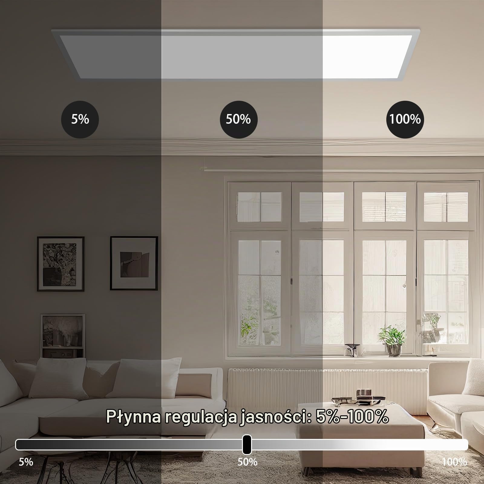 Omdekor Sufitowa lampa LED 120x30 cm, cienki aluminiowy panel z pilotem, ściemnialna, regulowana temperatura barwowa (2700K-6500K), oświetlenie do salonu, sypialni, łazienki