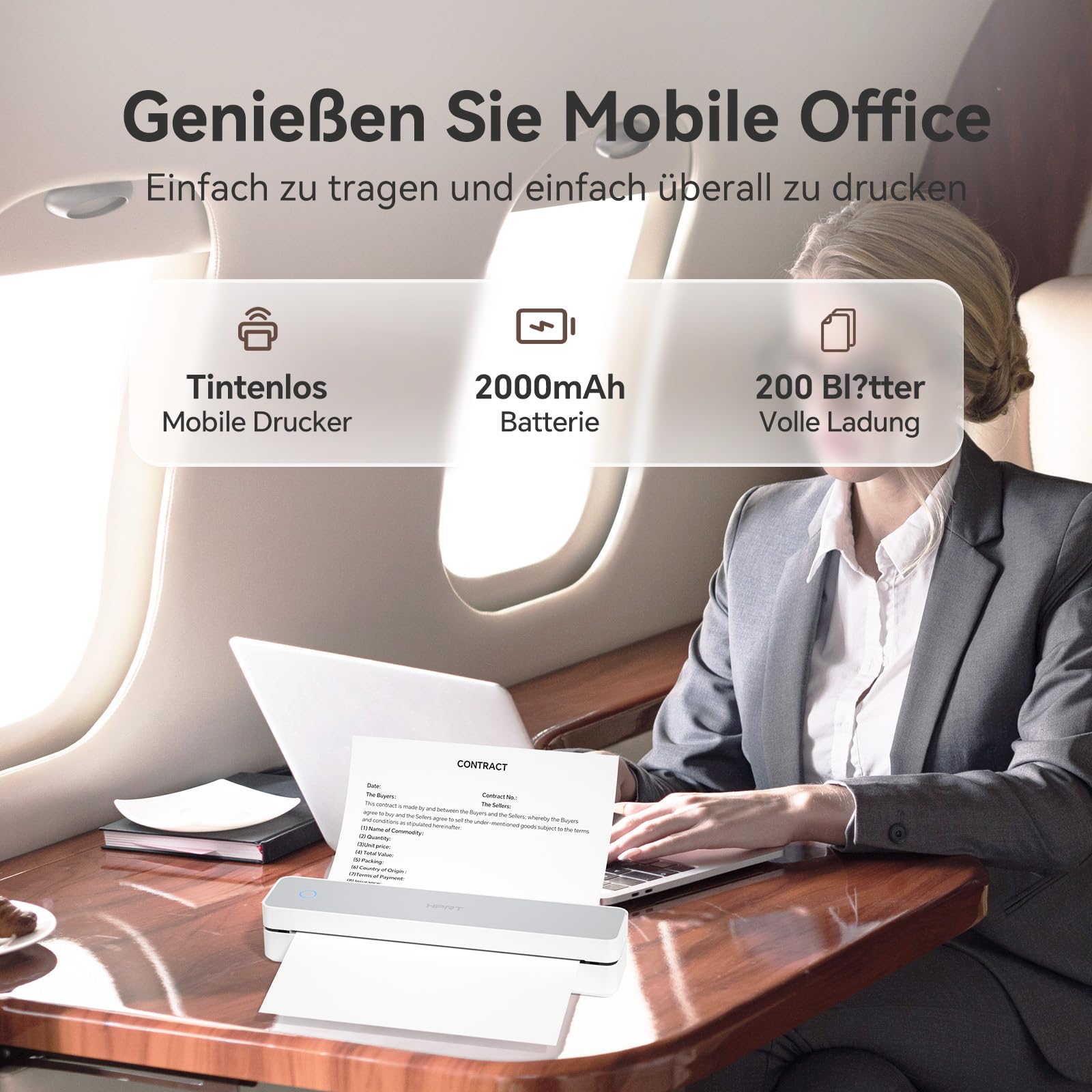HPRT impresora portátil inalámbrica para viajes, apoya papel A4 | Impresora térmica Bluetooth compatible con iOS, Android y portátil, móvil sin tinta, para oficina, escuela, blanco/gris