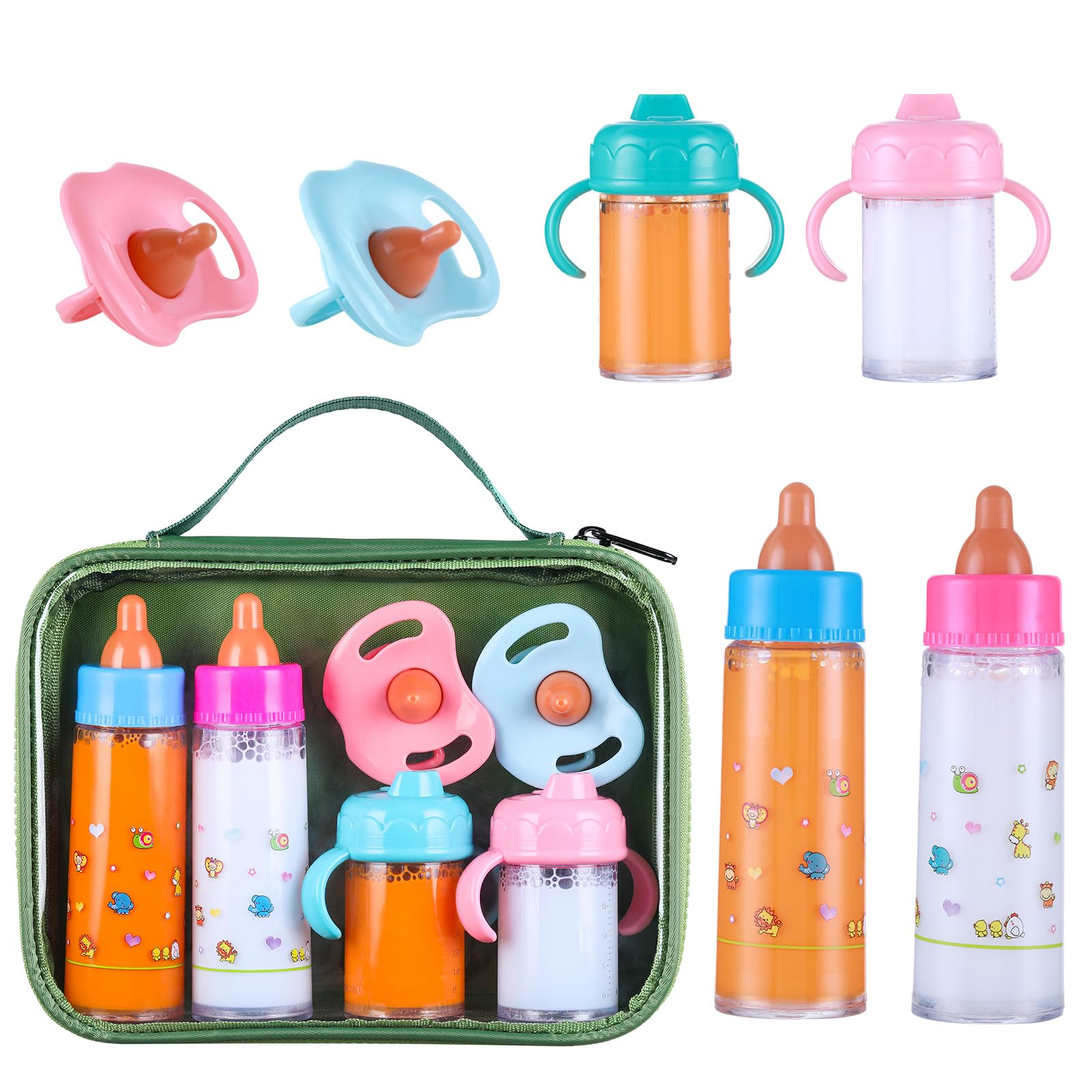Pretendor Magic Disappearing Milk and Juice Bottle with Pacifier,6 Pieces Pretend Play Feeding Toy Set with Package, Baby Doll Accessories for Girl