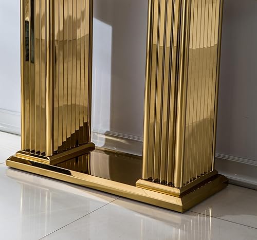 Miniatura 9 de Juego de 2 mesas de sala de estar, mesa auxiliar de mármol sintético y mesa consola dorada, mesa auxiliar rectangular de lujo blanca y dorada, juego