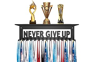 Medal Trophy Shelf Display with Hooks - Never Give Up