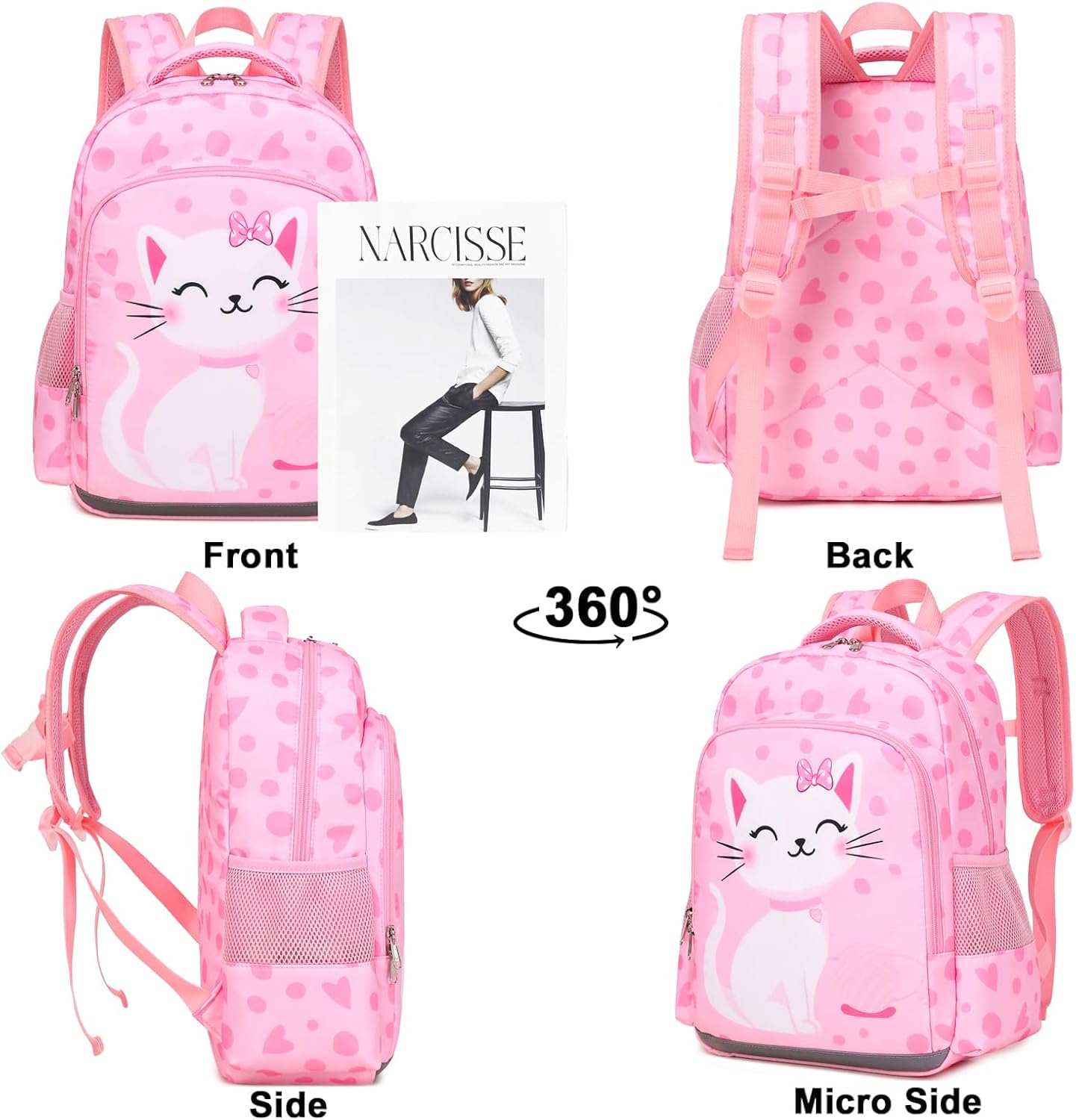 DSIUE Kids School Backpack for Girls 4-6 Kindergarten Bookbag Cat Schoolbag with Lunch Box Set for Preschool Elementary - Image 3
