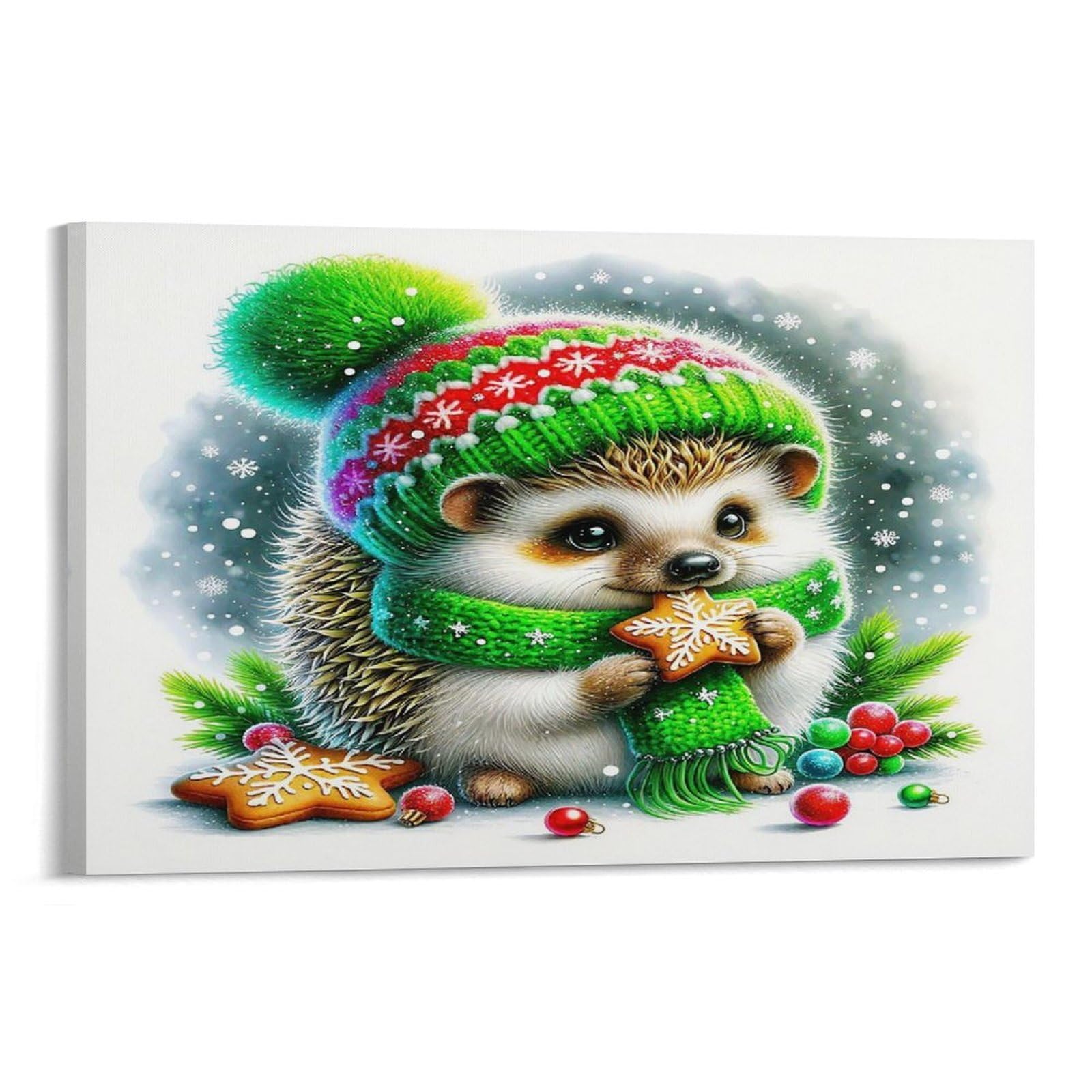 CPLVKWRQJ Sleeping Hedgehog Under Starry Sky Single Piece Xmas Hedgehog Knit Hat Gingerbread Berry Canvas Wall Art - Housewarming Gift Bedroom Canvas Painting Ready to Hang Decor 08x12inch(20x30cm)