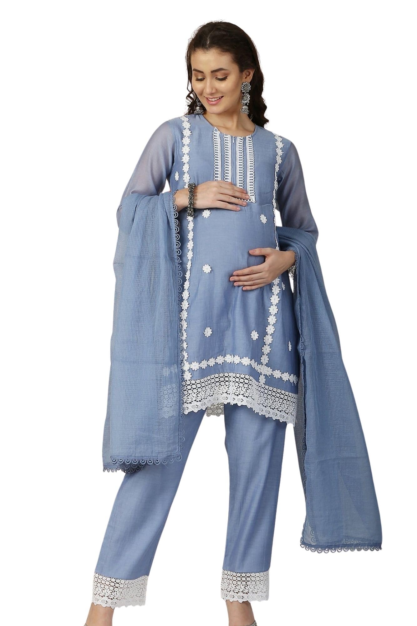 Luxe Grayish Blue Chanderi Maternity & Nursing Kurta Set with Bottom & Dupatta, 3 Piece Ethnic Wear-image-4