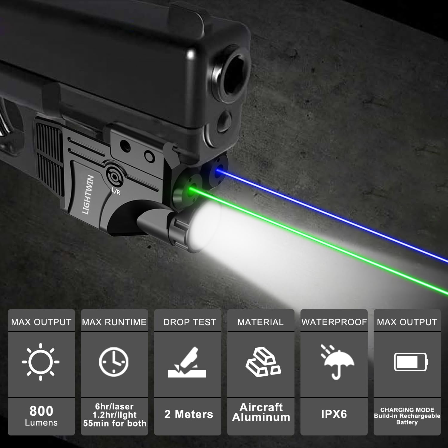 Red Green Blue Purple Laser Beams with 800 Lumens Flashlight for Pistols, 3 in 1 Laser Light Combo, Tactical USB Rechargeable Laser Sight, Strobe & Steady Flashlight for Picatinny Rail