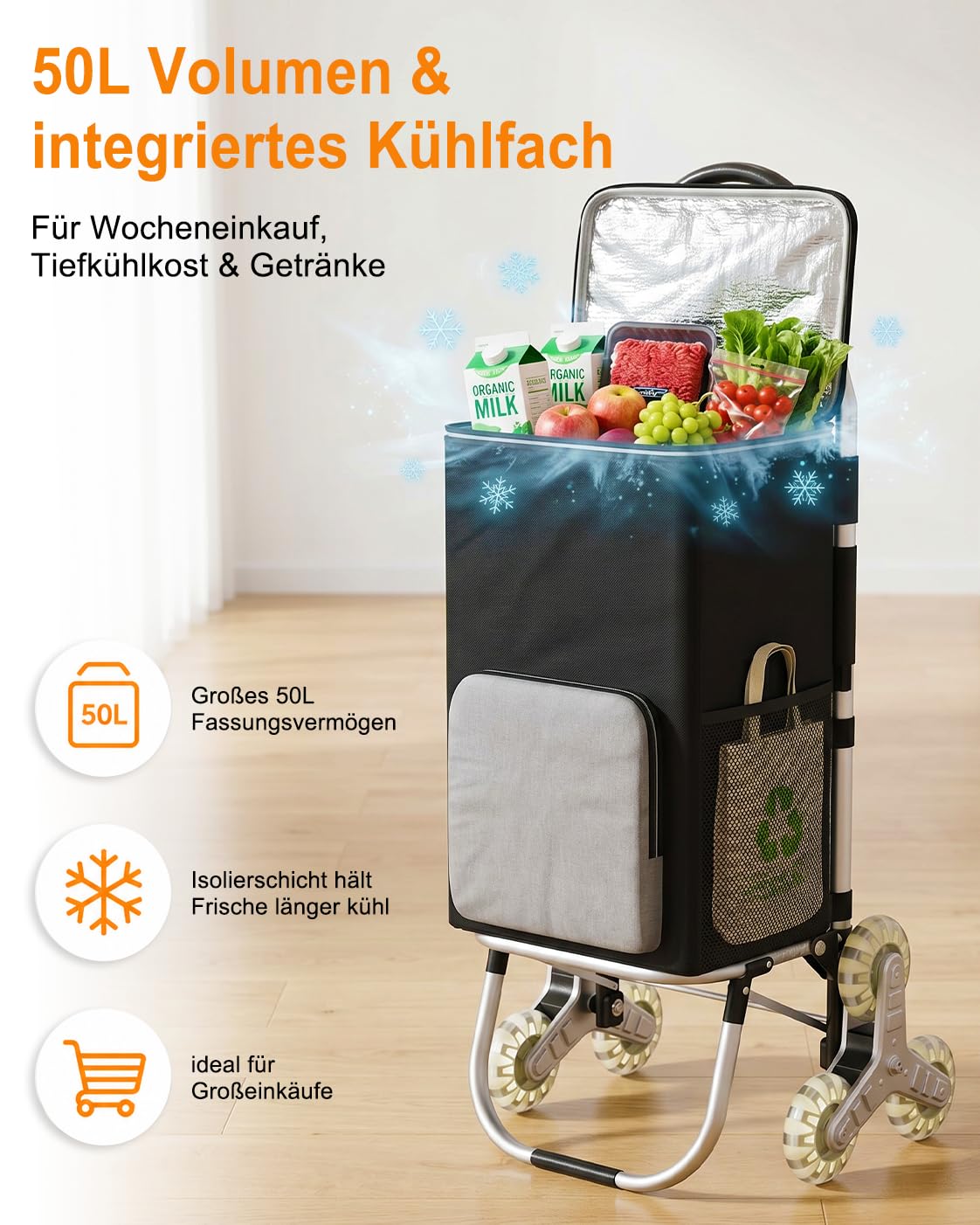 DROMEZ Einkaufstrolley Treppensteiger 50L mit Kuehlfach, klappbarer Hackenporsche mit 6 Rollen, Einkaufswagen faltbar aus Aluminium, abnehmbare Oxford-Tasche, bis 50 kg, Schwarz/Grau