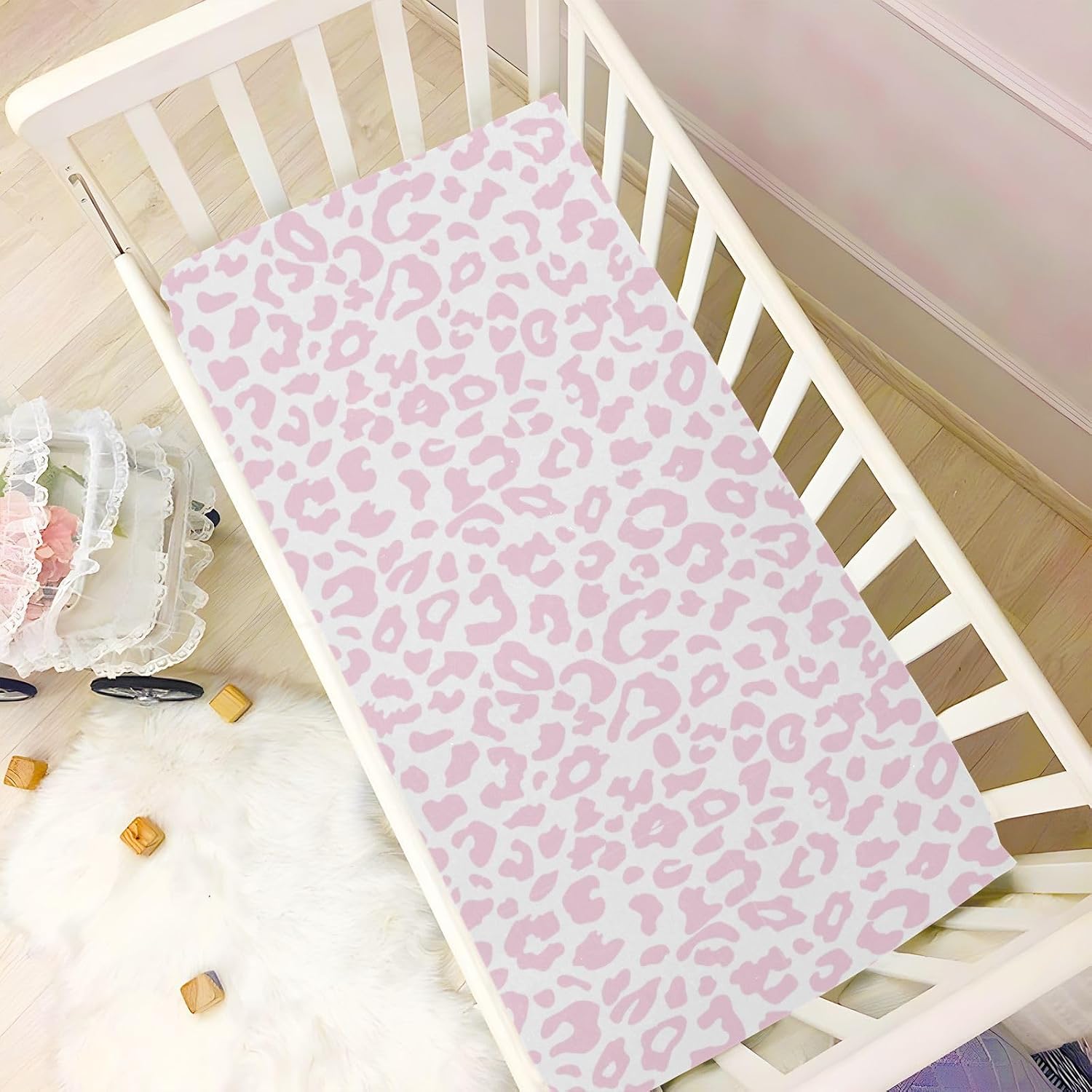 Pink Leopard Print Baby Crib Sheets Cheetah Animal Skin Daesign Pattern Playard Sheets Toddler Bed Sheets Funny Fitted Mini Crib Mattress Cover for Unisex Boys Girl 27x39 Inch
