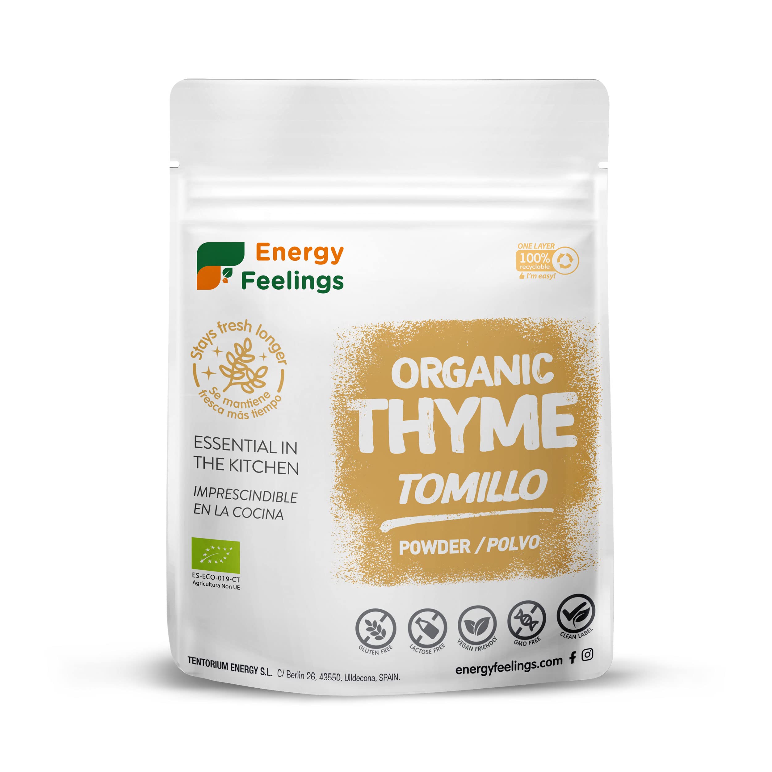 Energy Feelings Timo Bio disidratato in Polvere 200g |100% Timo Naturale Bio disidratato senza additivi o zuccheri aggiunti | Vegan senza glutine senza lattosio | Ideale per l'infusione di timo
