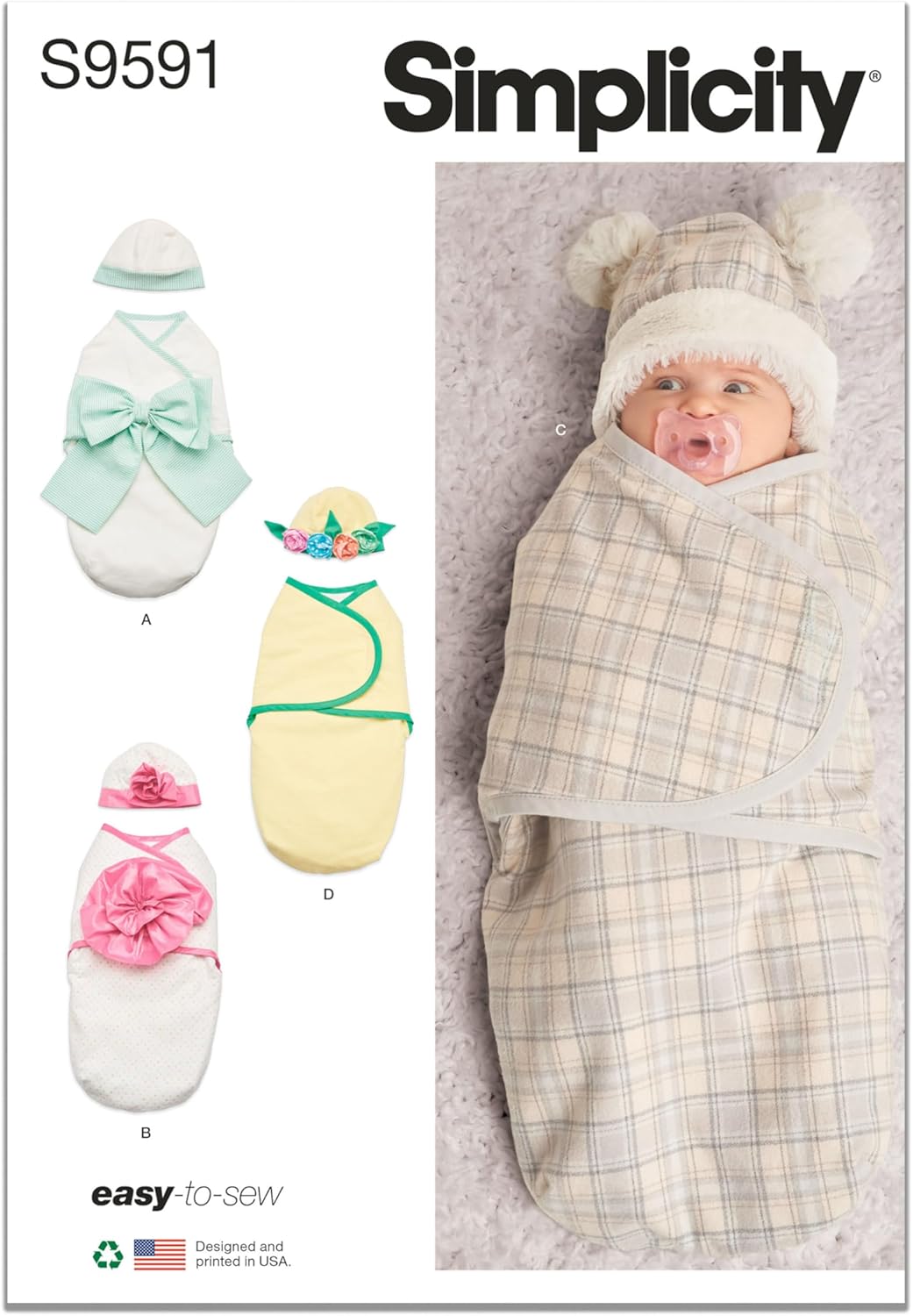 Simplicity SS9591A Babies' Lined Buntings and Lined Hat Sewing Pattern Packet, Design Code S9591, Sizes XXS-XS-S-M