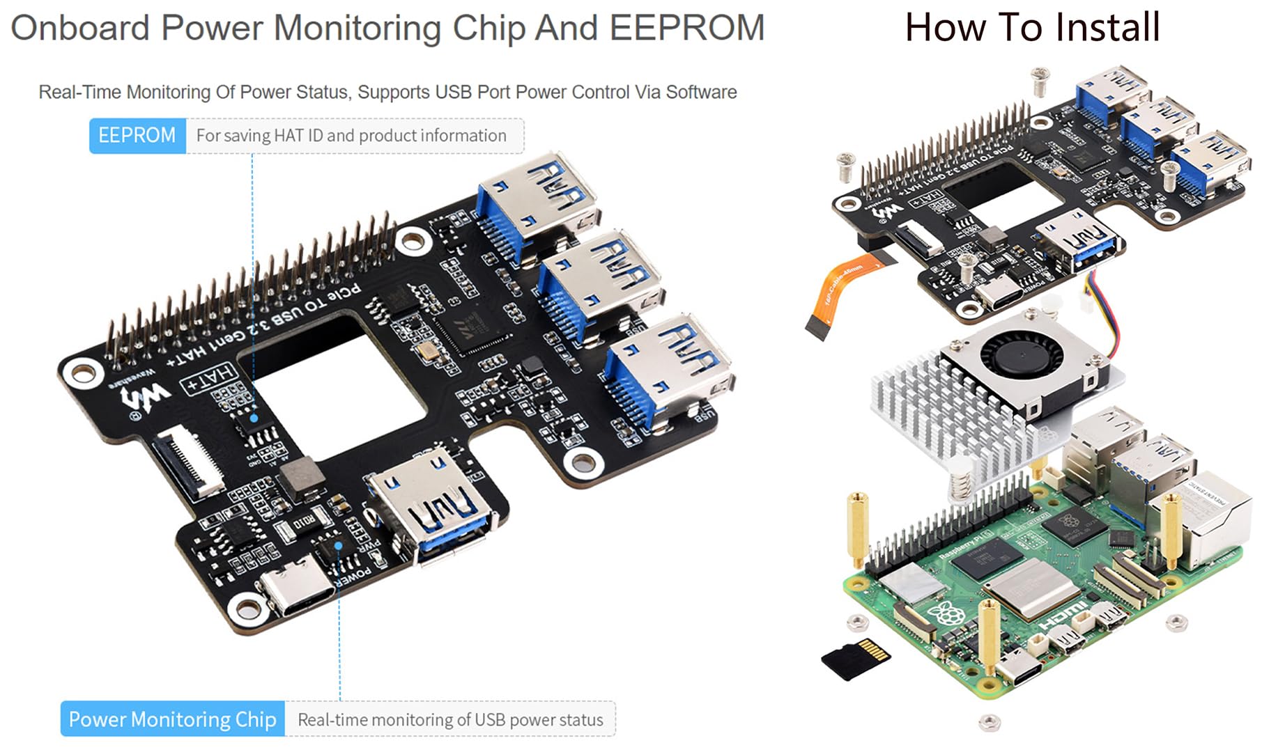 Waveshare PCIe TO USB 3.2 Gen1 Adapter for Raspberry Pi Compute Module 4 IO Board, 4x HS USB Waveshare PCIe TO USB 3.2 Gen1 Adapter for Raspberry Pi Compute Module 4 IO Board, 4x HS USB