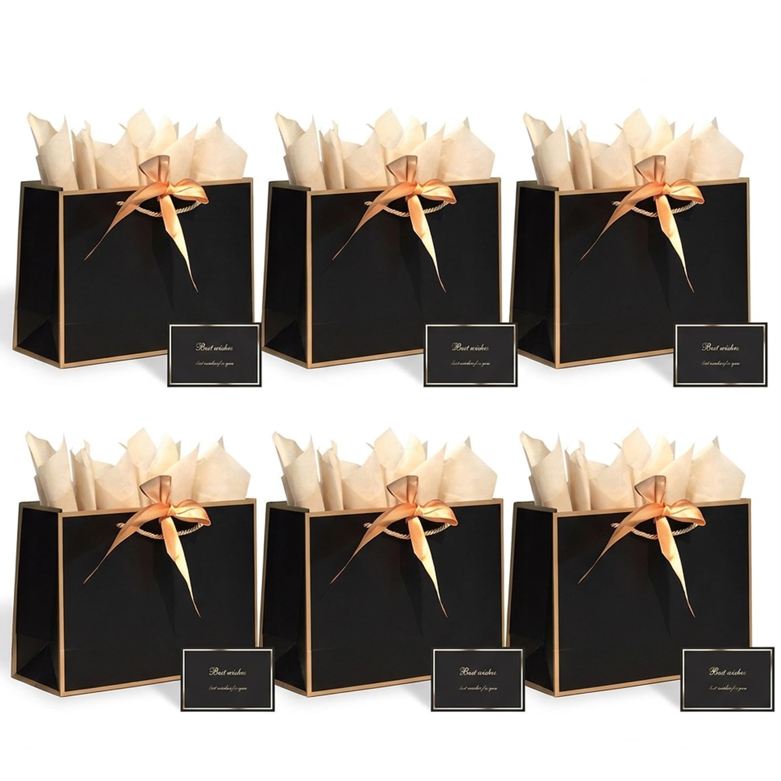6 Pieces 28x20x10 cm Set with Bows and Cards, Gift Bags Medium, Gift Bags for Presents, Small Gift Bag and Gift Bag Large, Black Gift Bags for Birthday Wedding Anniversary Events