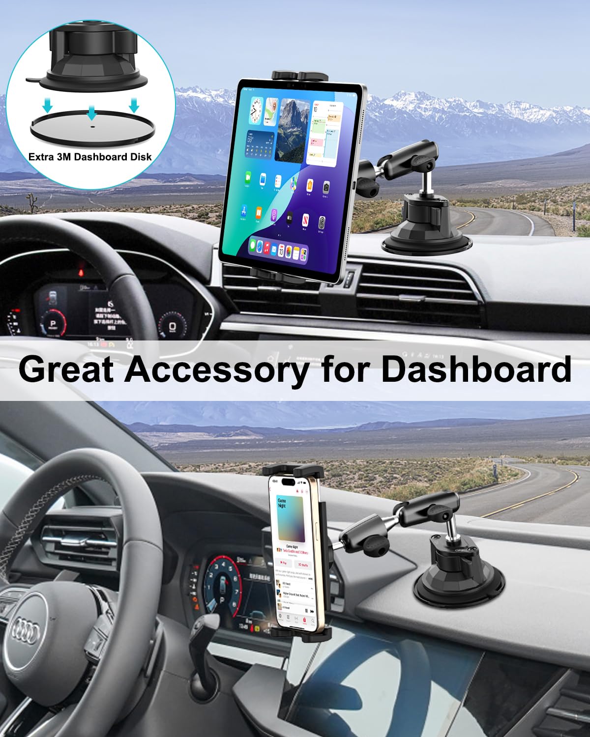 Soporte Tablet Ventosa Fuerte [Brazo Aluminio Robusto] Soporte Tablet Coche Salpicadero Parabrisas Rotación de 360° para iPad 10,9 iPad 12.9 Air Mini, Galaxy Tab, iPhone, 4-13" Tableta