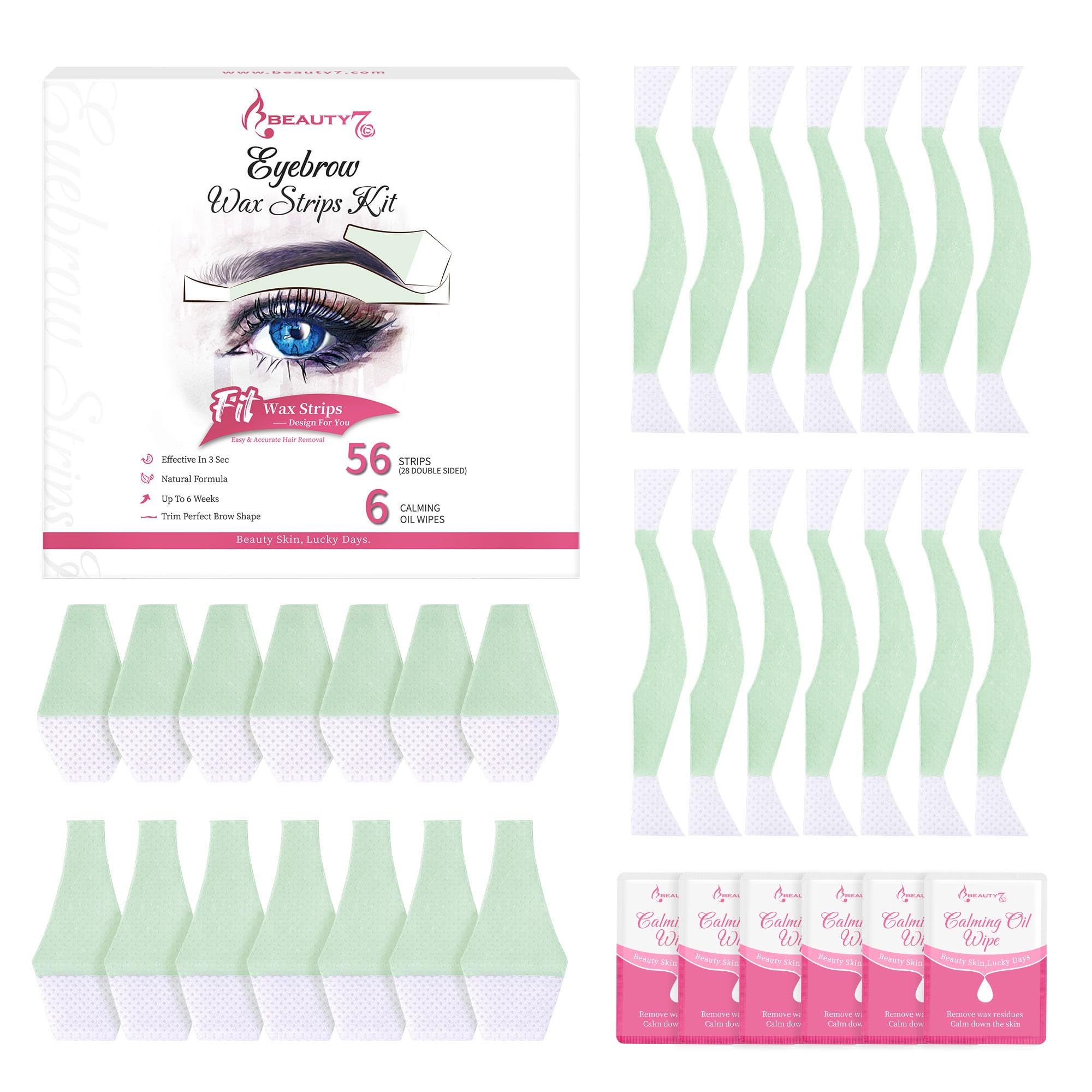 Beauty7 Eyebrow Wax Strips at Home for Women, Facial Hair Removal Waxing Strips for Face, Large Pack 56 Strips with 6 Calming Oil Wipes for All Skin Types