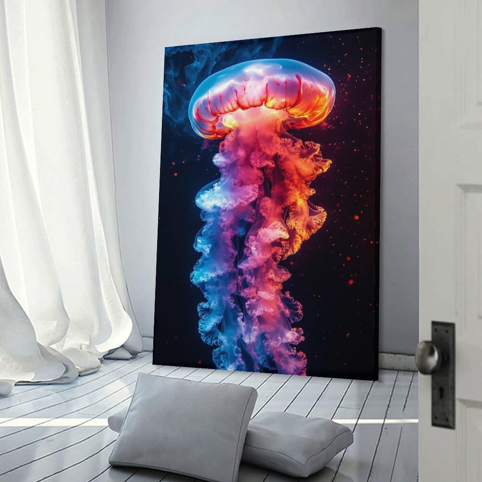Junmoney Colorful Jellyfish in Dark Water Canvas Wall Picture 08x12inch(20x30cm), for Entryway, Lounge Links Or Small Walls, Decorative Canvas Styling for Entry Areas