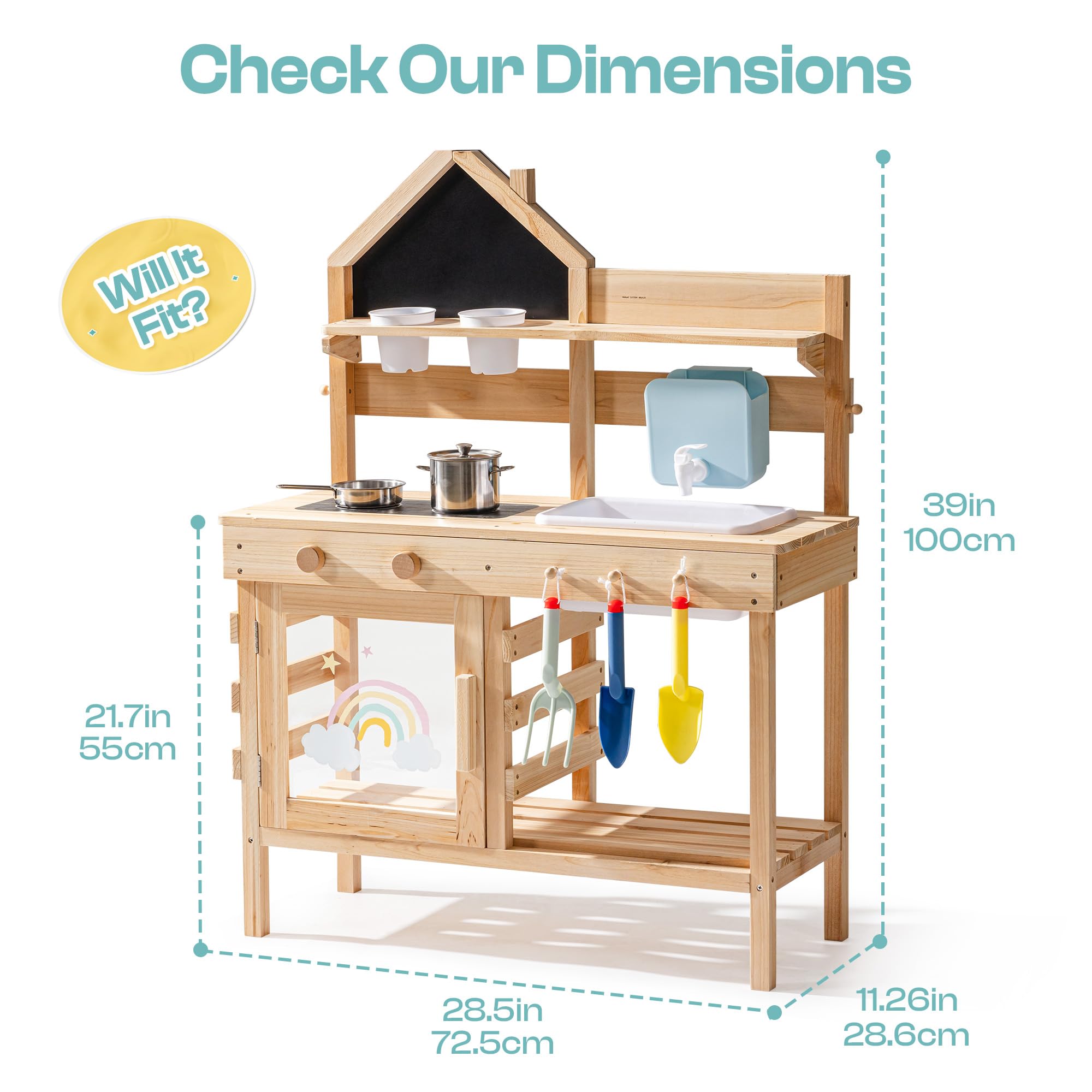 ROBOTIME Kinder Matschküche aus Holz mit Spüle, Tafel, Herd, Wasserhahn, Kochgeschirr & Stauraum – Outdoor Spielküche für Jungen & Mädchen ab 3 Jahren