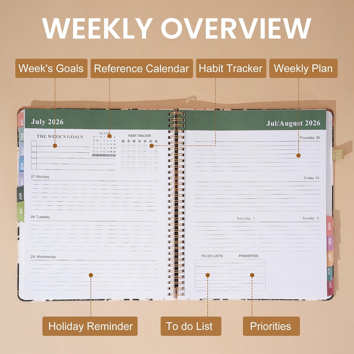 2026 Planner Weekly and Monthly Daily Calendar Planners 8.5 x 11, Jan 2026-Dec 2026, Hard Cover Large Yearly Agenda with Stickers & Tabs for Women Work Home- Green Floral image 5