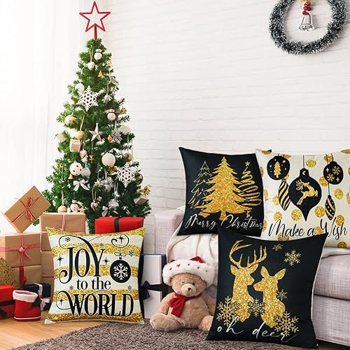 Miniatura 4 de OTOSTAR Juego de 4 fundas de almohada doradas de Navidad de 18 x 18 pulgadas para decoraciones de Navidad, alce negro y dorado, para árbol de