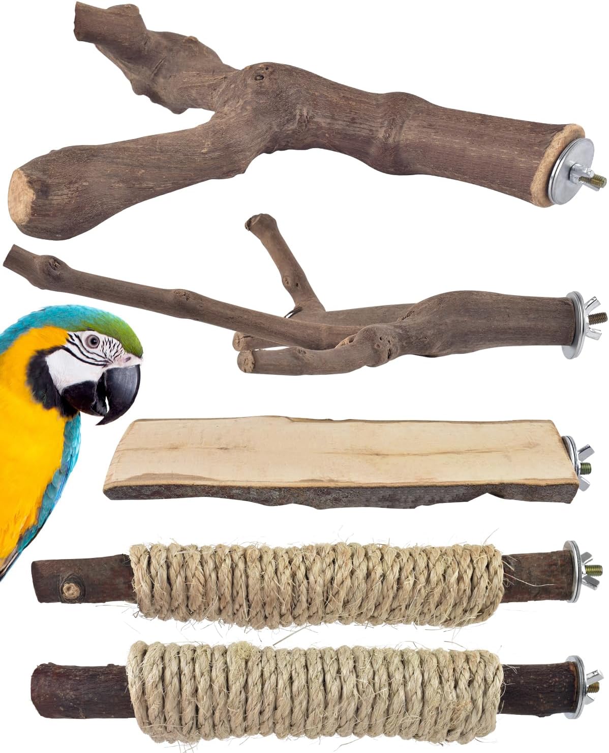 Bissap 5PCS Large Bird Perch Stand, Natural Wood Pole Standing Paw Grinding Fork Parrot Cage Branch with Rope for Macaw African Grey Amazon Pet Medium Large Birds Cage Accessories