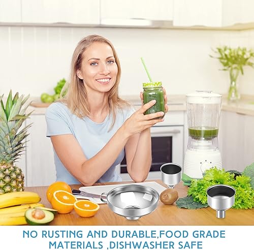 Miniatura 5 de Gejoy Juego de 12 embudos de metal para conservas, embudos de boca ancha para rellenar filtros de cocina de acero inoxidable con colador, cepillos