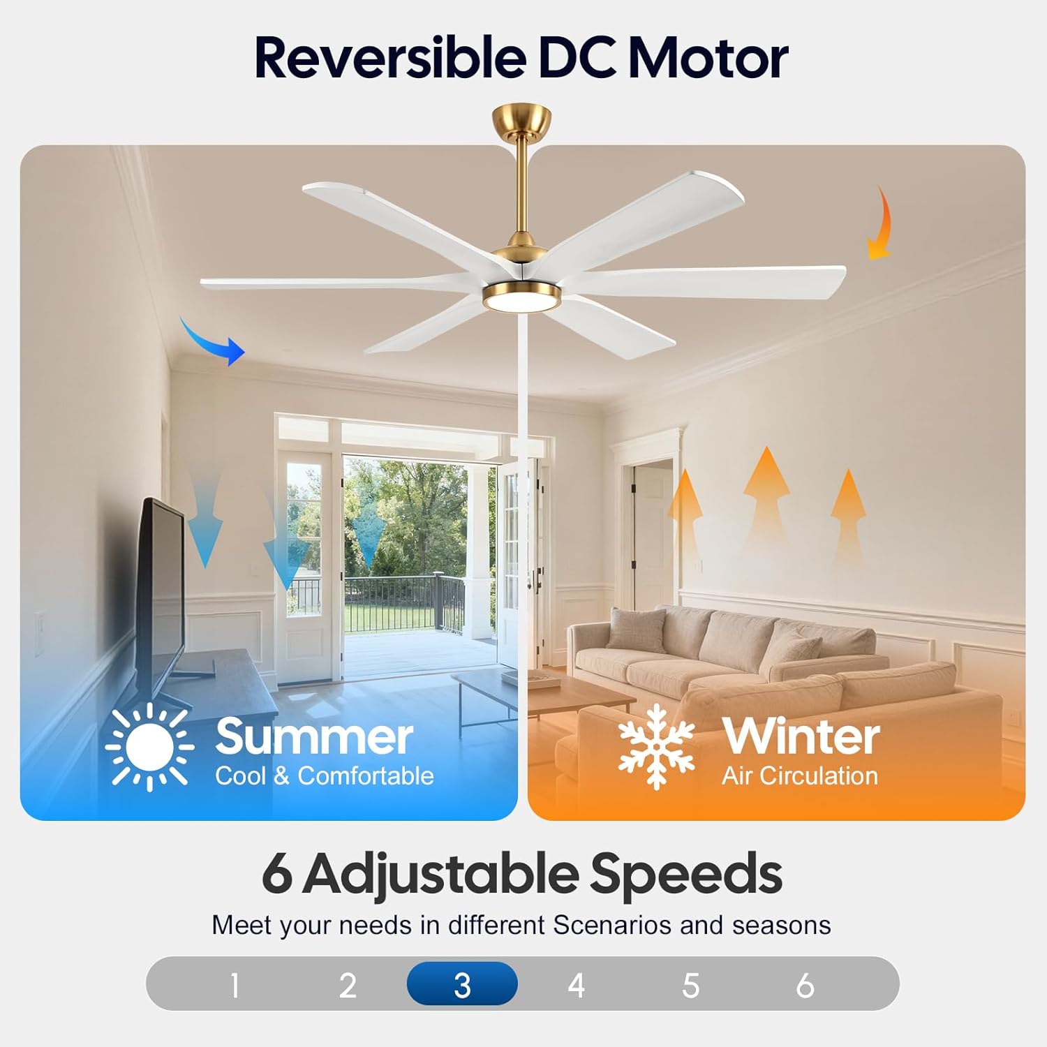 72 Inch White Gold Ceiling Fan with Light Remote, Outdoor Smart Ceiling Fans for Patios, 6 Solid Wood Blades, Large Quiet Reversible DC Motor, Damp Rated for Indoor Exterior, Alexa & App Compatible
