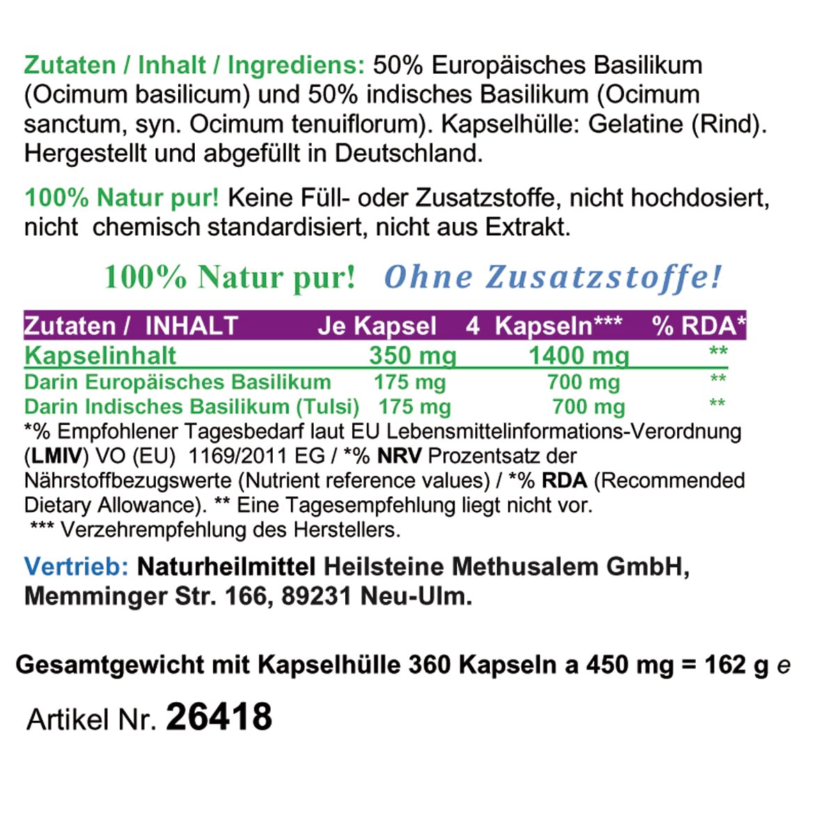 Basilikum Tulsi 360 Pulver Kapseln NATUR PUR NICHT hochdosiert KEIN EXTRAKT OHNE ZUSATZSTOFFE OHNE FÜLLSTOFFE. 26418