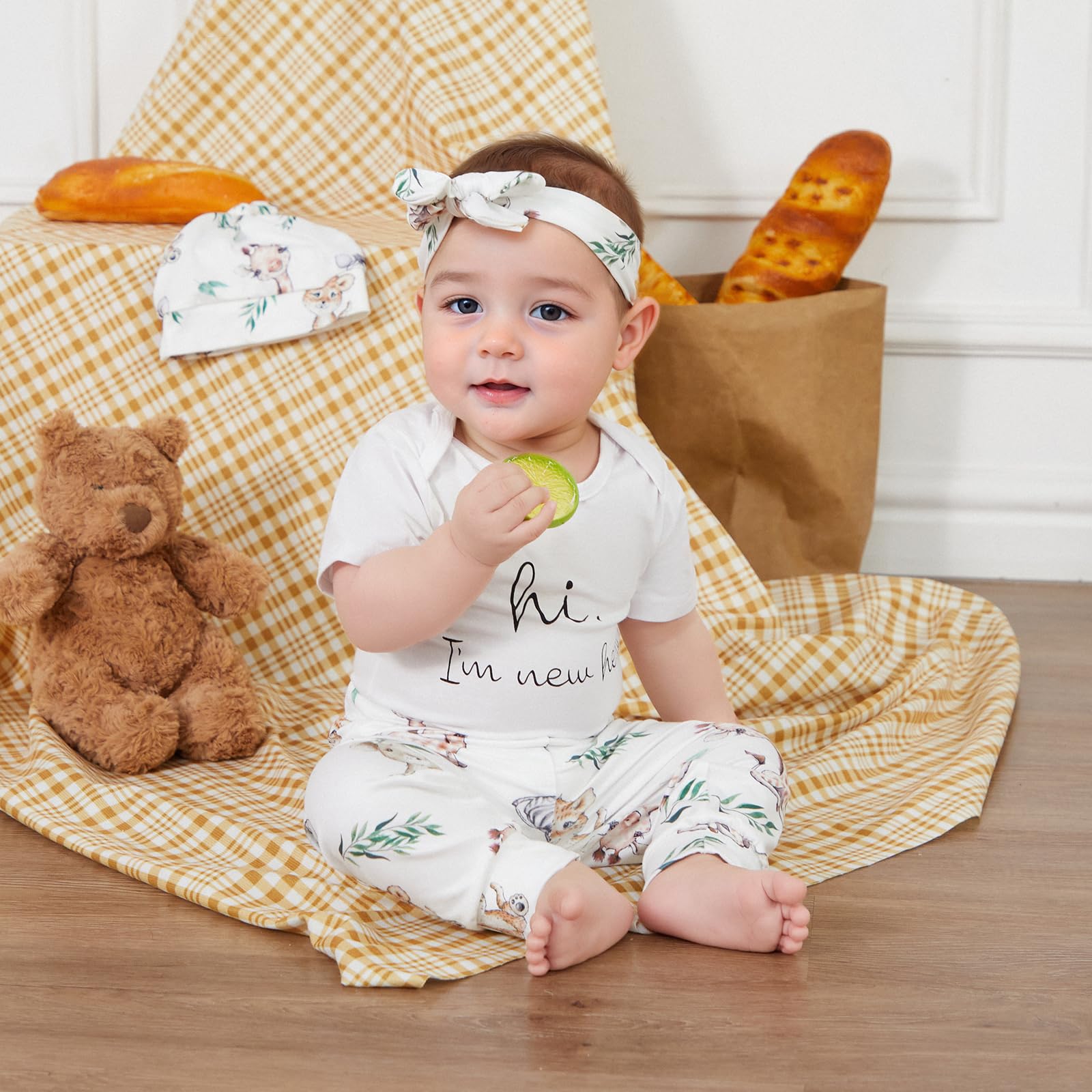 Newborn Baby Boy Girl Outfit Hi I'm New Here Short Sleeve Romper Koala Print Pants Headband Hat Coming Home Outfits (Hi I'm New Here, Newborn)