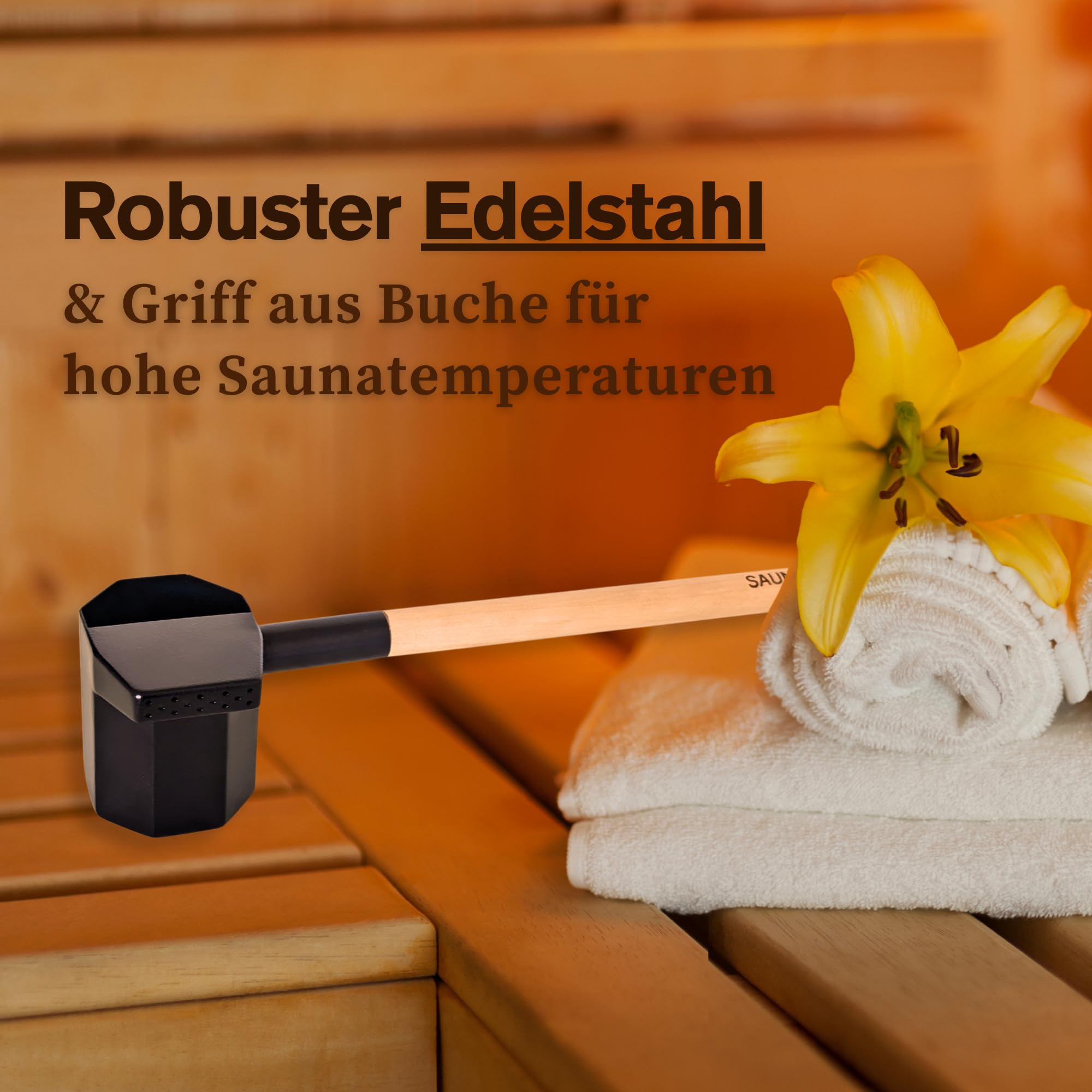 Saunakelle aus Edelstahl und Holz mit Regen-Funktion 330ml Zubehör für Sauna & Gartensauna