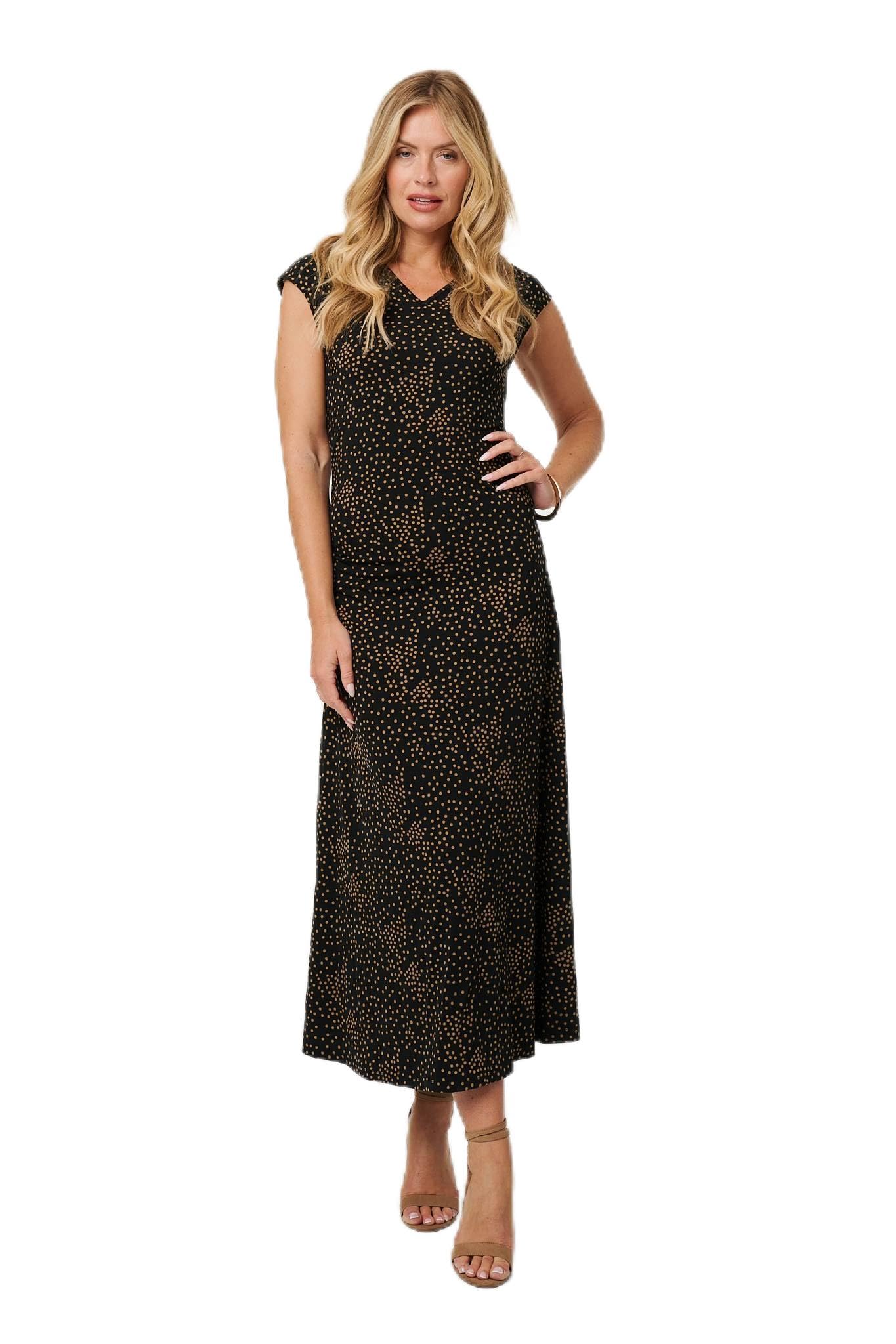 Izabel London Women's Black Polka Dot Cap Sleeve A-Line Maxi Dress For Uk With A V-Neck, A Fitted Shape And Cap Sleeves.