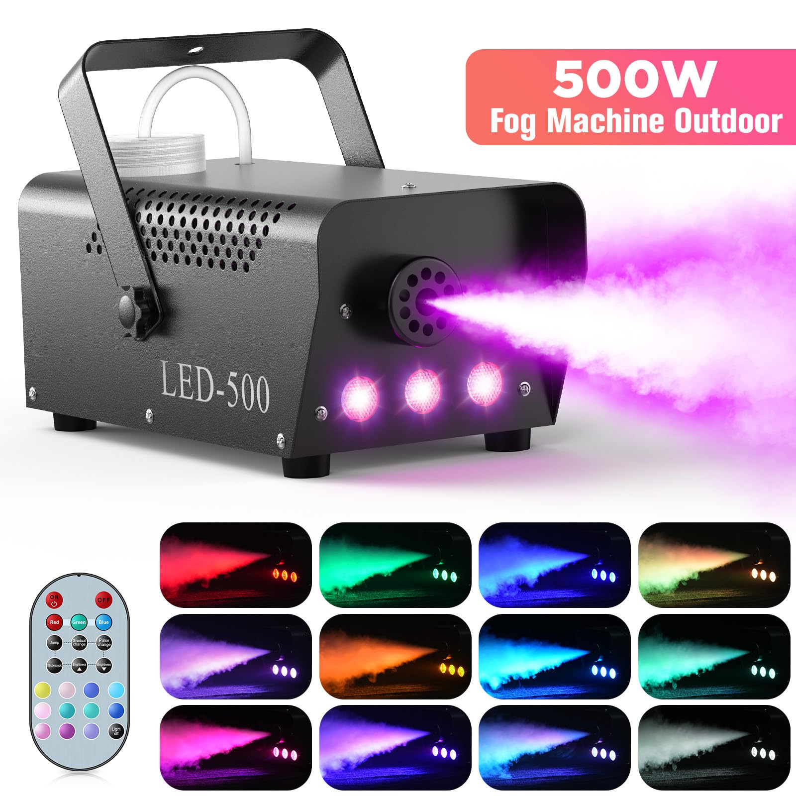UKing Nebelmaschine 500W Heimnebelmaschine mit LED und Funk Fernbedienung RGB Lichteffekte für Halloween Hochzeit DJ Disco Party Bühne Licht
