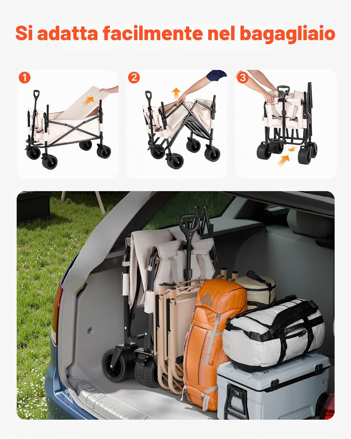 VEVOR Carrello Pieghevole 970 x 580 x 670 mm Carrello Portaoggetti per Giardino Che Si Trasforma in Panca, Capacità di Peso 249,48 kg con Maniglia Regolabile per Spesa, Campeggio, Giardinaggio