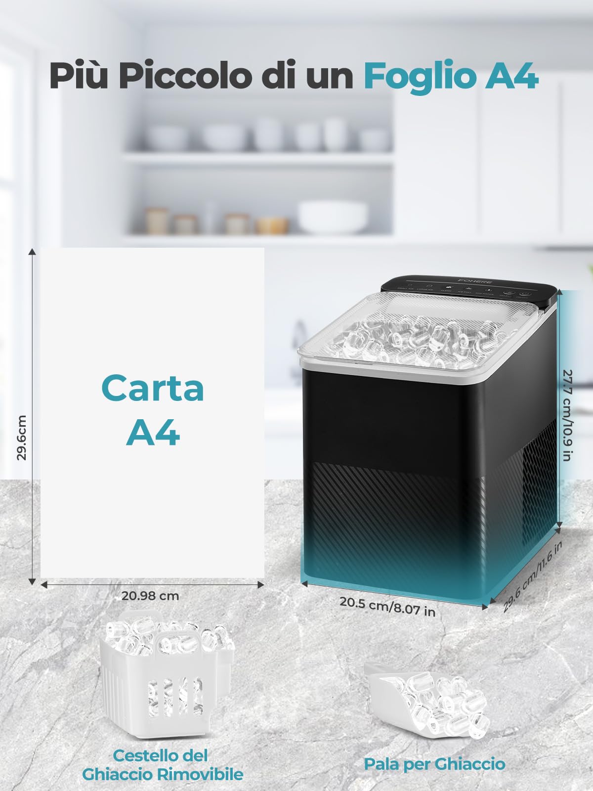 FOHERE Macchina Ghiaccio 14kg/24h, Autopulente, 2 Dimensioni,9 Cubetti in 6 Minuti, Ice Maker con Paletta/Cestello (Nero)