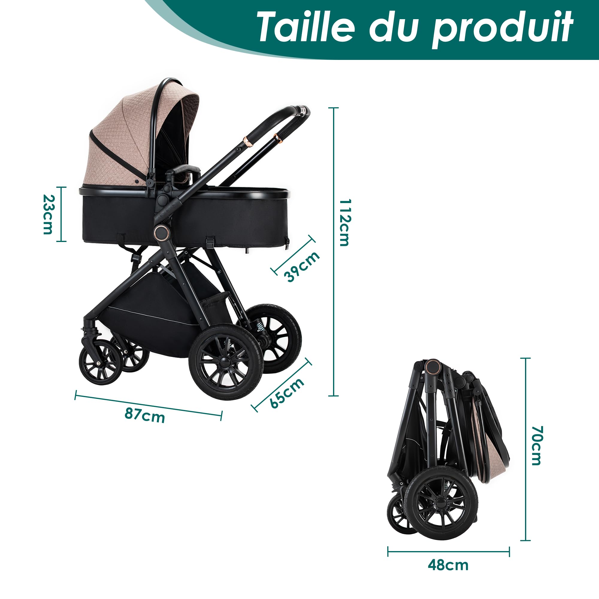 Poussette 3 en 1 Siège Auto Léger Bébé Pliable 0-36 Mois Kaki