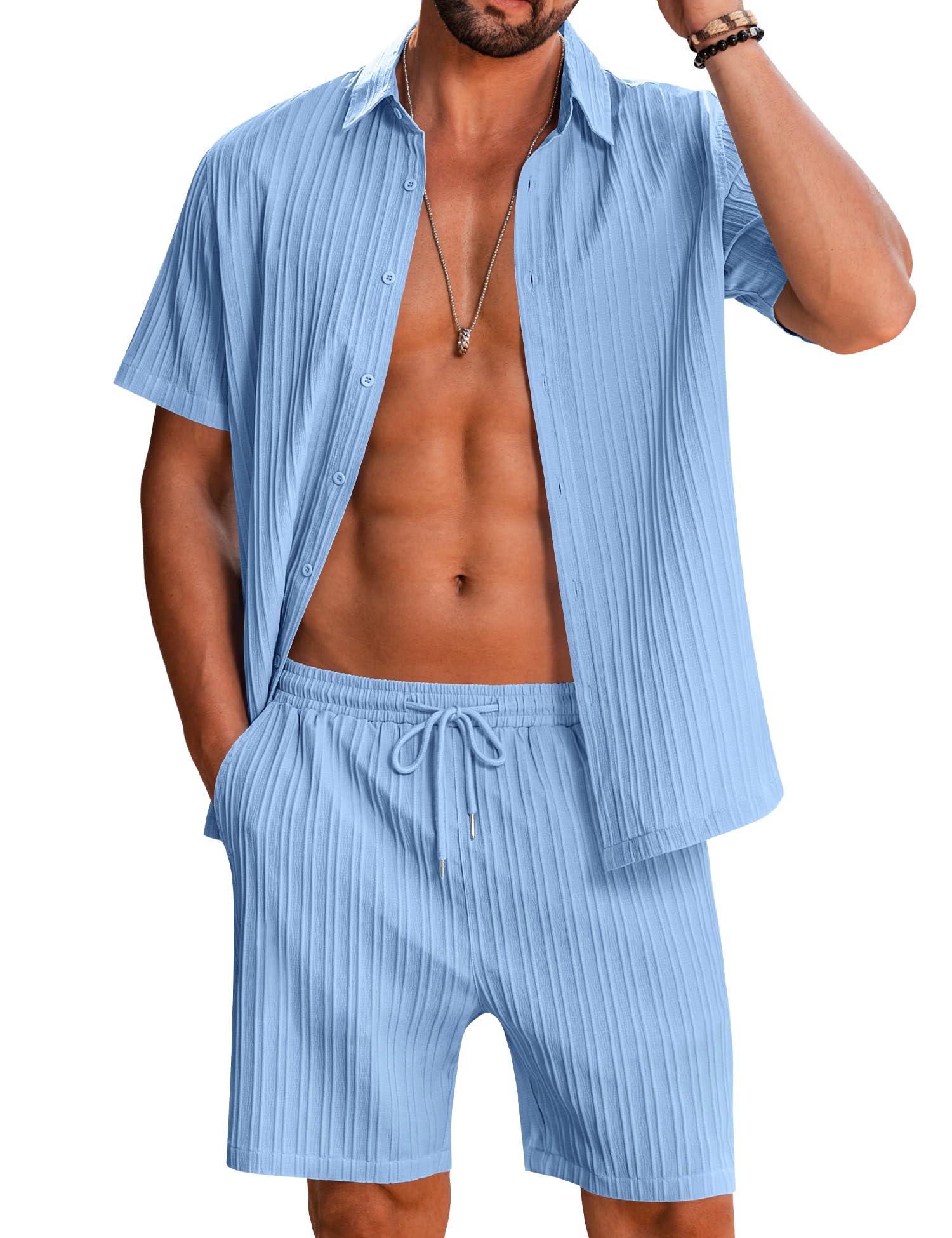 LecGee Men's 2 Piece Vertical Striped Textured Outfits Summer Casual Button Down Shirts and Shorts Matching Sets