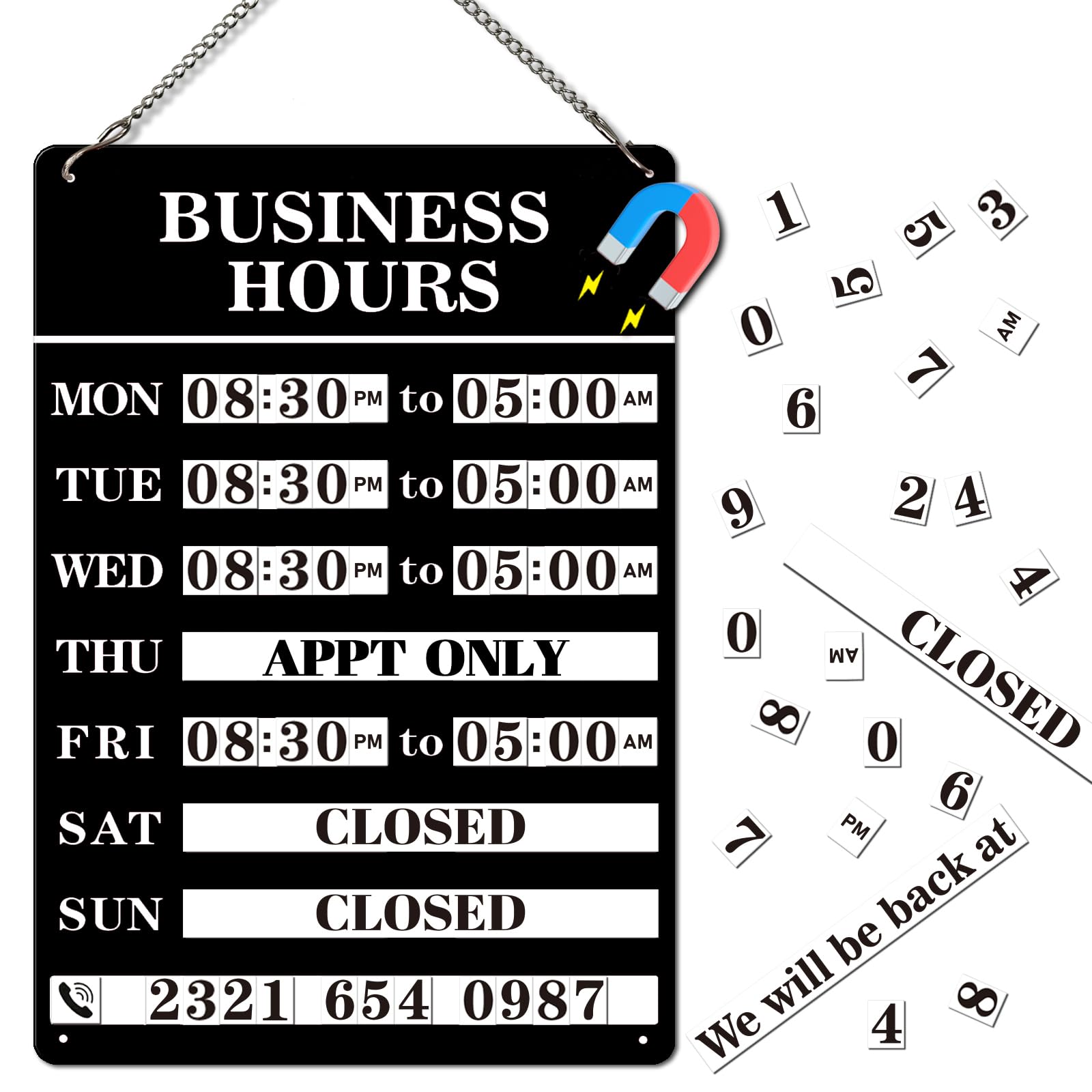 Magnetic Changeable Business Hours Sign, Metal Hours of Operation Signs for Business, Store Hours Sign for Glass Door or Window (BLACK) — image 1