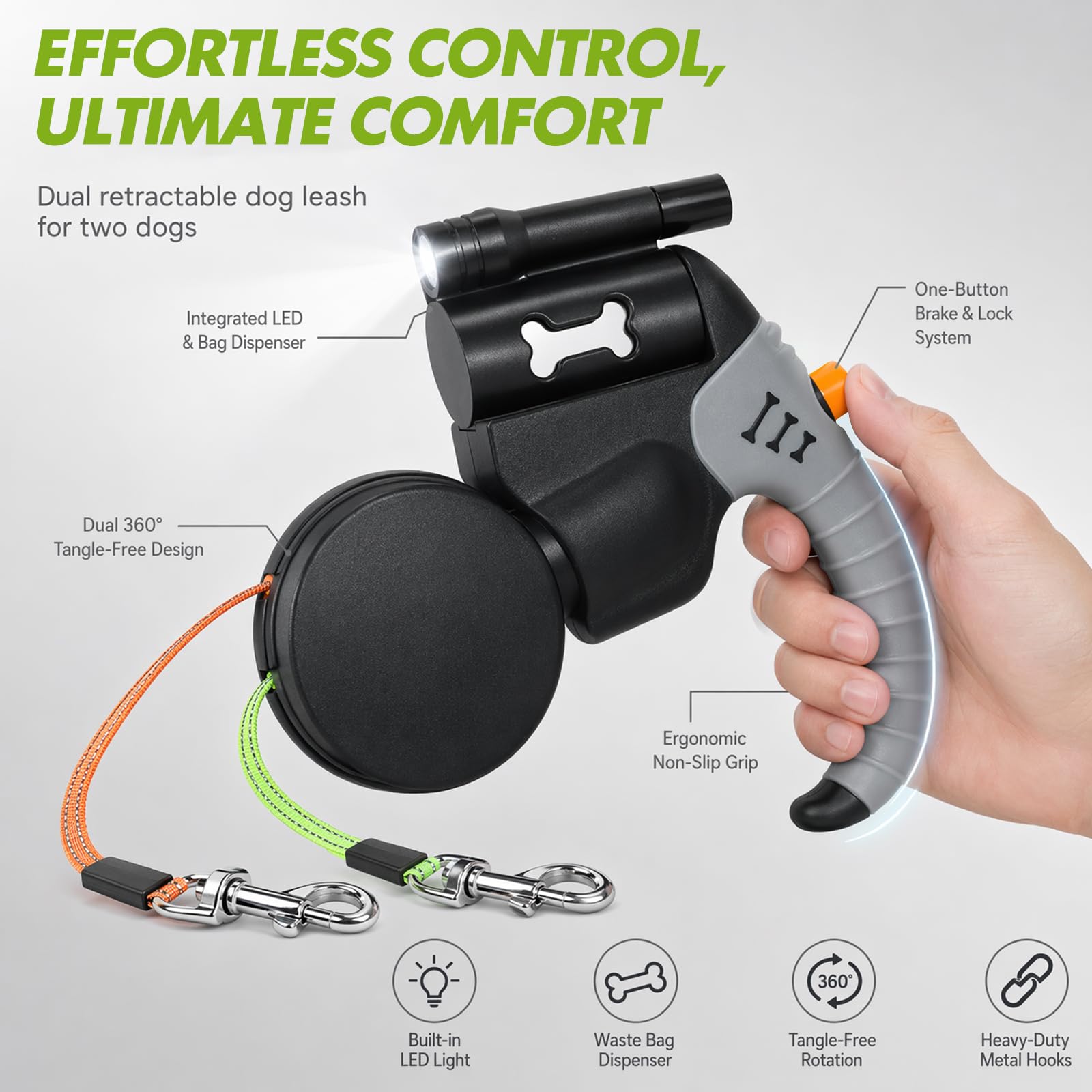 RANJIMA Einziehbare Hundeleine, 3 m Hundeleine Doppelleine Für 2 Hunde Mit Licht, Automatische Hund Versenkbar Leine, Flexileine, Anti Rutsch Griff für Kleine Und Mittelgroße Hunde