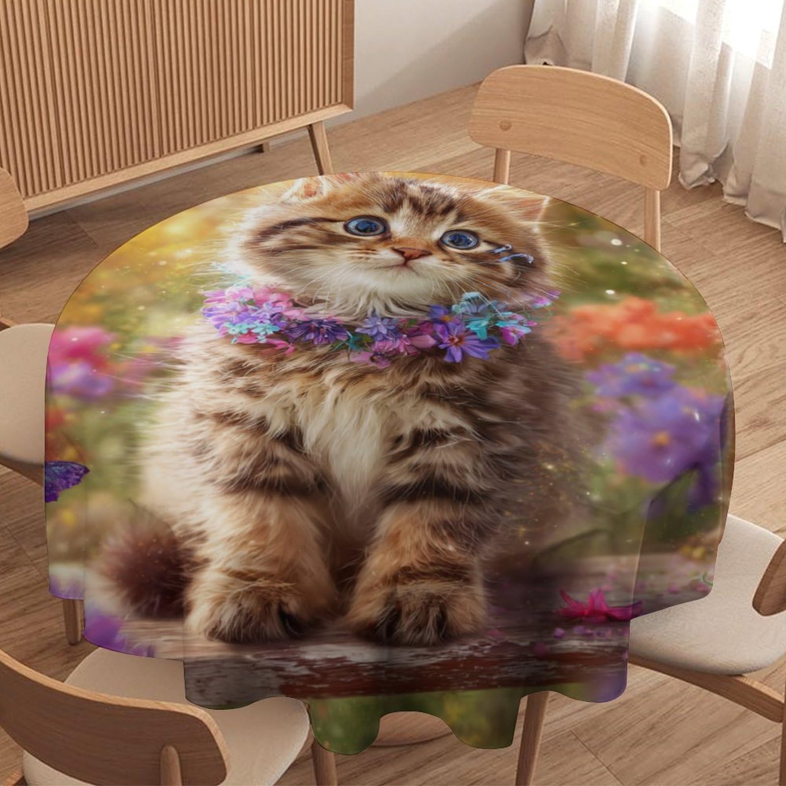 LUYYSKY Retro Classic Cute Kittens Waterproof Round Tablecloth Fantasy Funny Spring Garden Plants Animals Butterflies Cats Pattern Washable Table Cover for Kitchen-127 Wx127 L cm