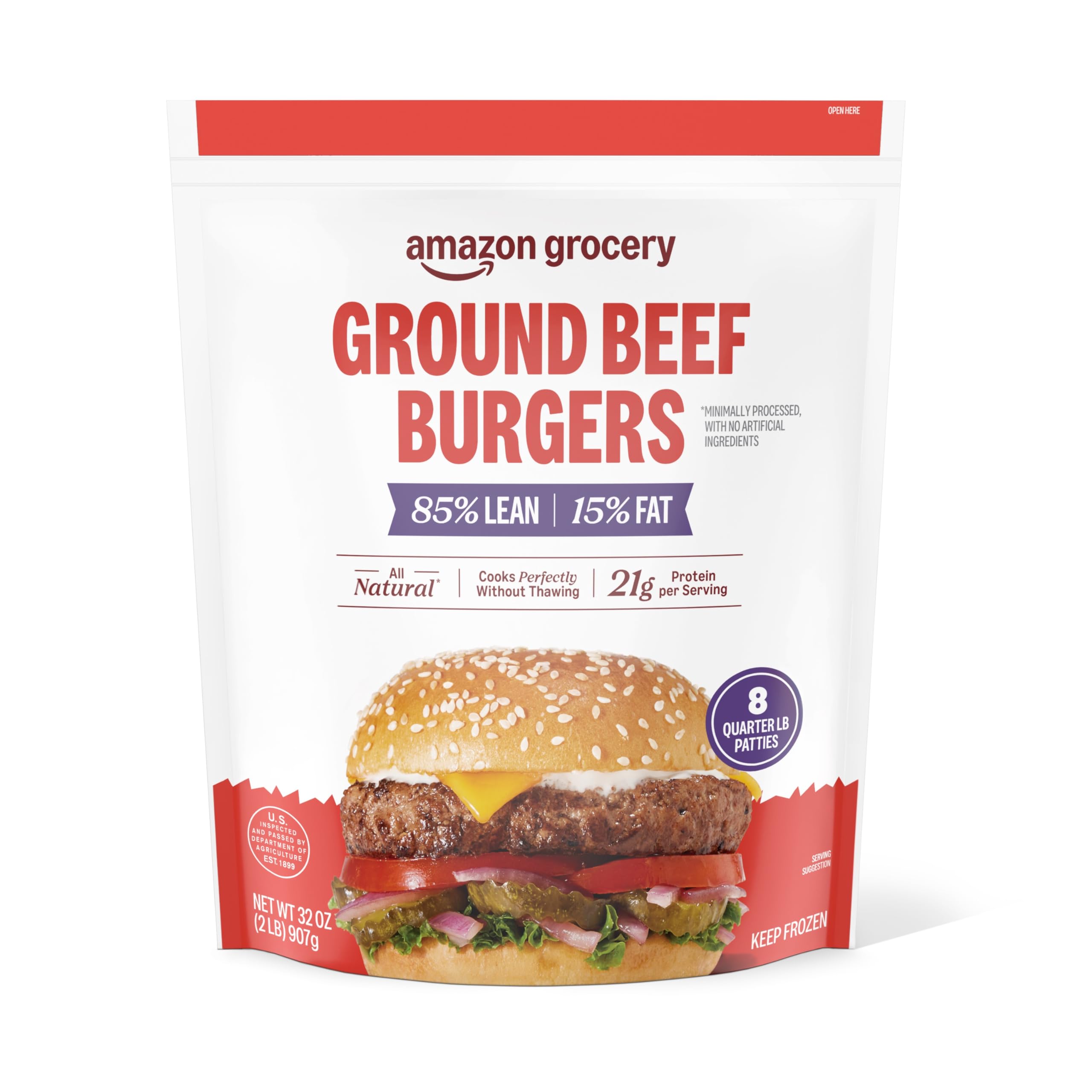 Amazon Grocery Ground Beef Burgers 85 Lean 15 Fat 32 Oz 8 Ct Frozen Previously Fresh Brand Packaging