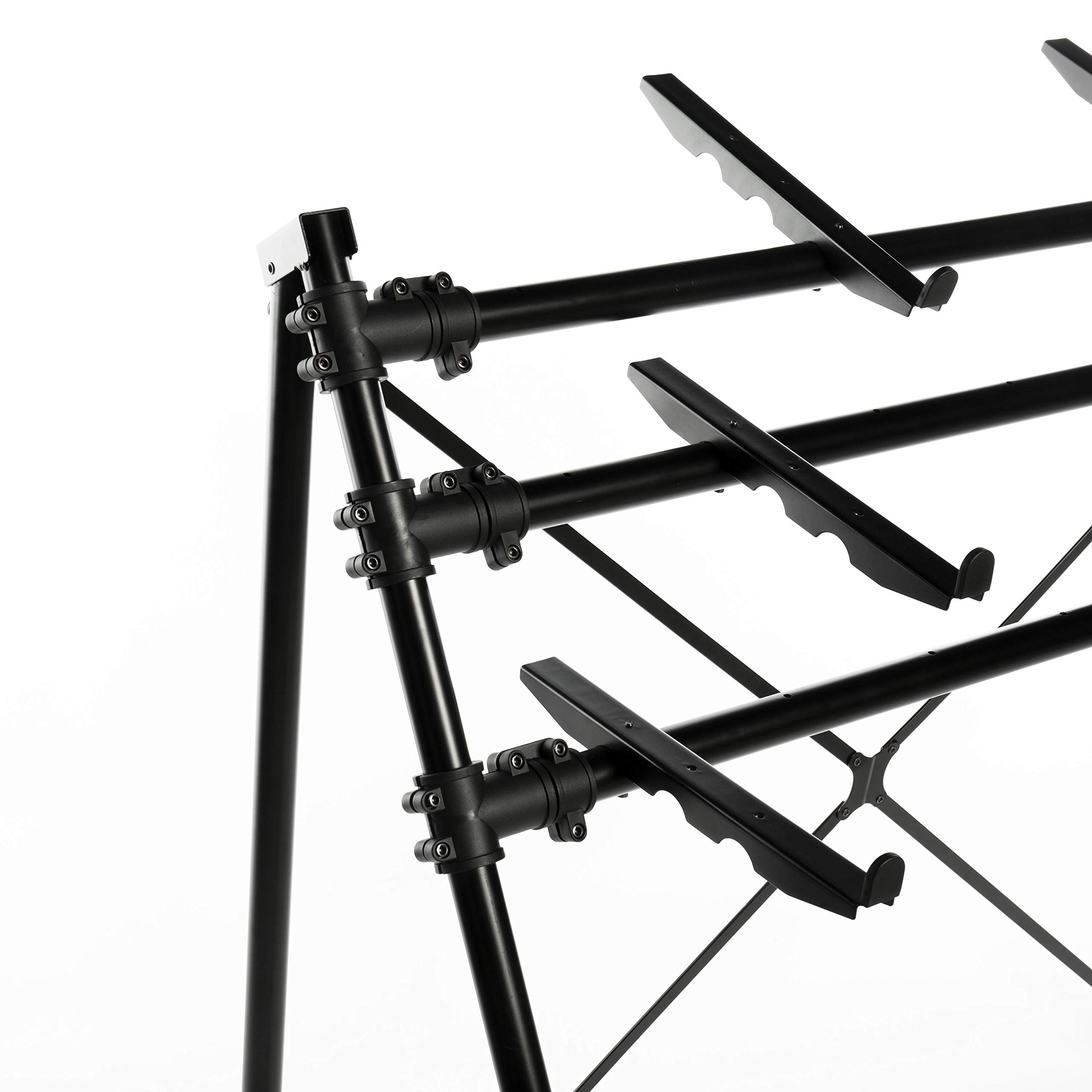 Music Store KB-1177 Keyboardständer, 3-Instrumenten Platz, Höhenverstellbar, Schwarz, Aluminiumkonstruktion, ABS-Befestigungsklammern, 370/840/1270mm Höhe, 380mm Tiefe, 800mm Breite, 1480mm Länge,