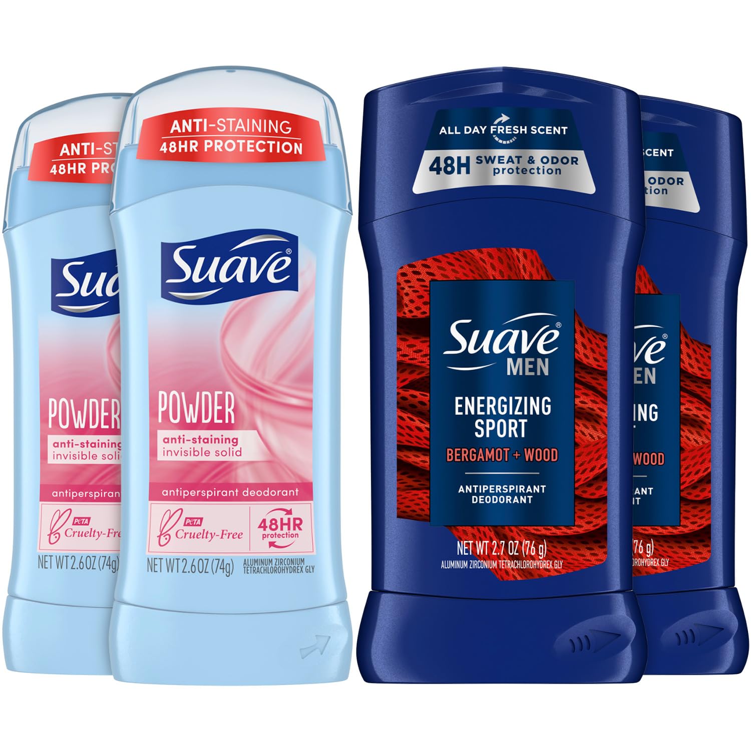 SuaveDeodorant Bundle – Women’s Antiperspirant Deodorant, Invisible Solid, Powder, 2-Pack + Men’s Antiperspirant Deodorant Energizing Sport, Bergamot + Wood, 2-Pack, 48H Protection