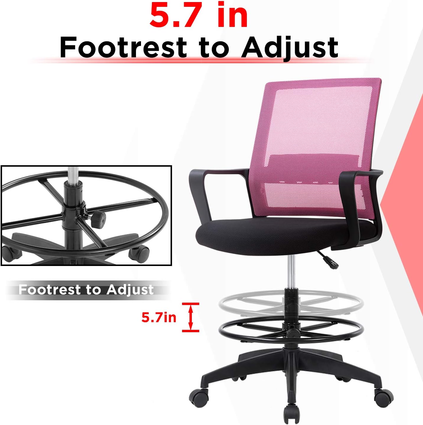 BestOffice Drafting Chair Ergonomic Tall Office Chair with Arms Foot Rest Back Support Adjustable Height Rolling Swivel Desk Chair Mesh Drafting Stool for Standing Desk Adults Women(Pink)