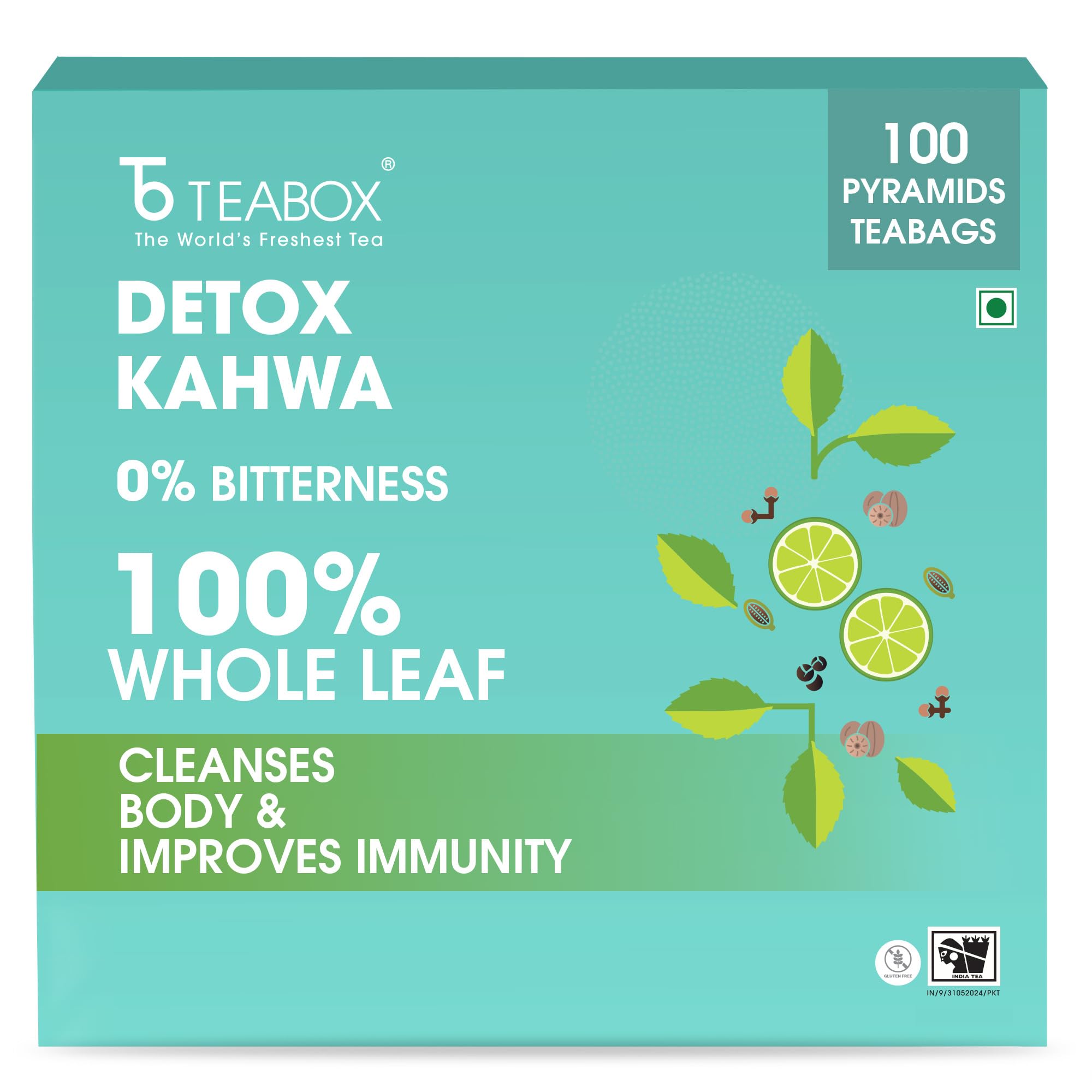Detox Kahwa Herbal Tea | 100 Biodegradable Teabags | 8 Natural Ingredients | Supports Body Detox & Healthy Digestion | 0% Bitterness | Caffeine-Free Wellness Brew
