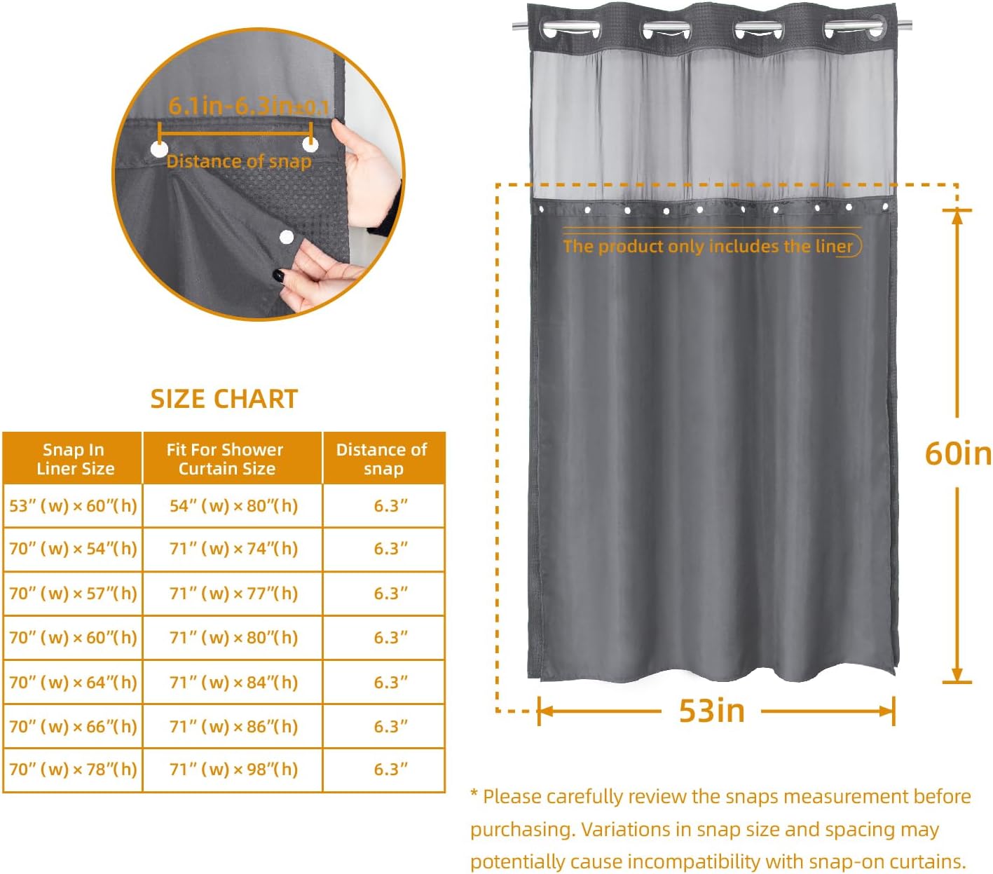 eachope 1 Pack Fabric Snap-in Shower Curtain Liner Replacement,Compatible with No Hook Shower Curtain with Snap in Liner, Removable & Water-Repellent,Machine Washable,53x60,Grey image 2