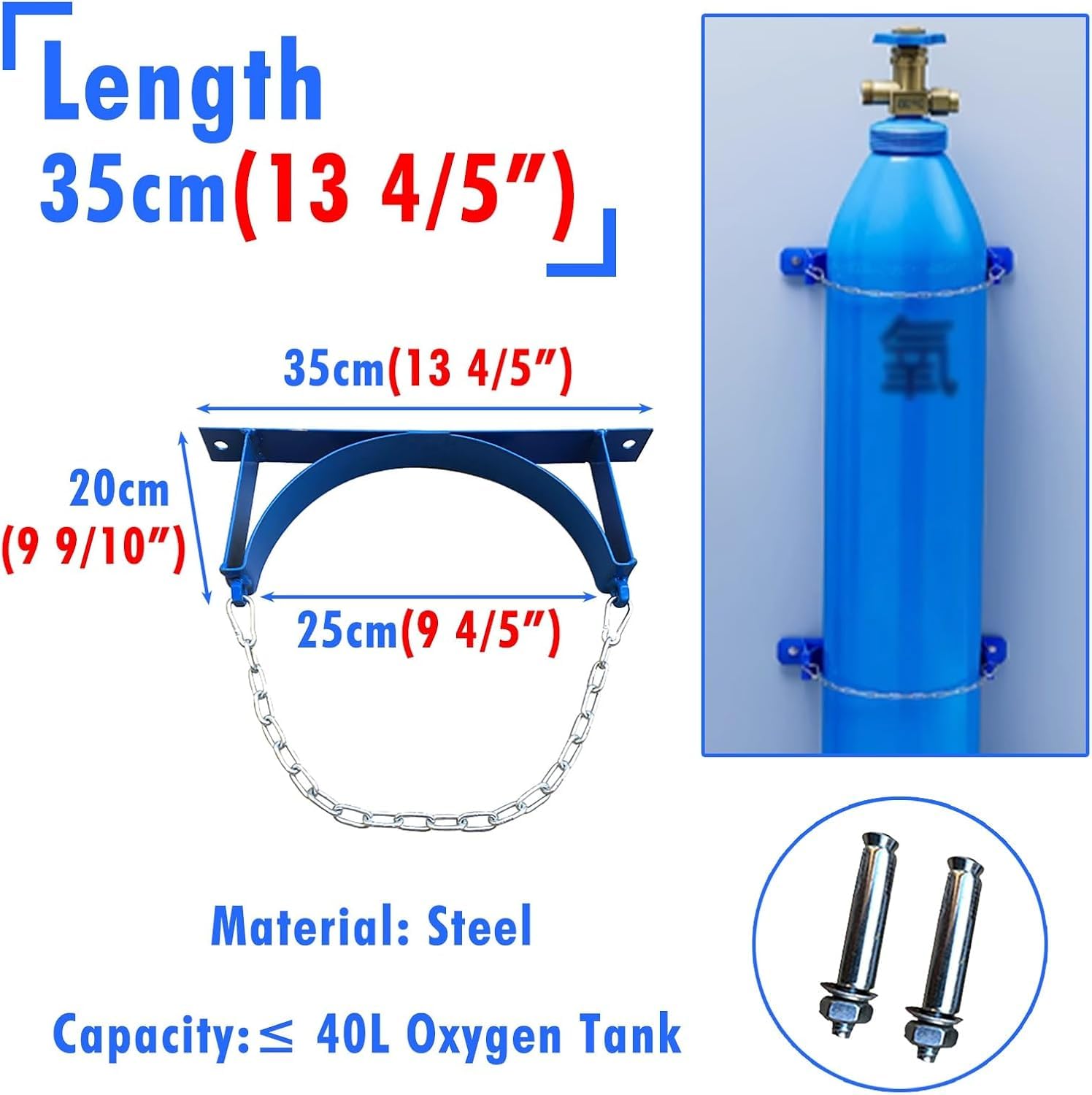 Sauerstoffzylinder-Halterung, robuste Gasflaschen-Wandhalterung mit Sicherheitskette für Fabrik/Labor/Zuhause, Argon-Gasflaschenhalterung, Zylindersicherung (2 Flaschen – 65 cm)