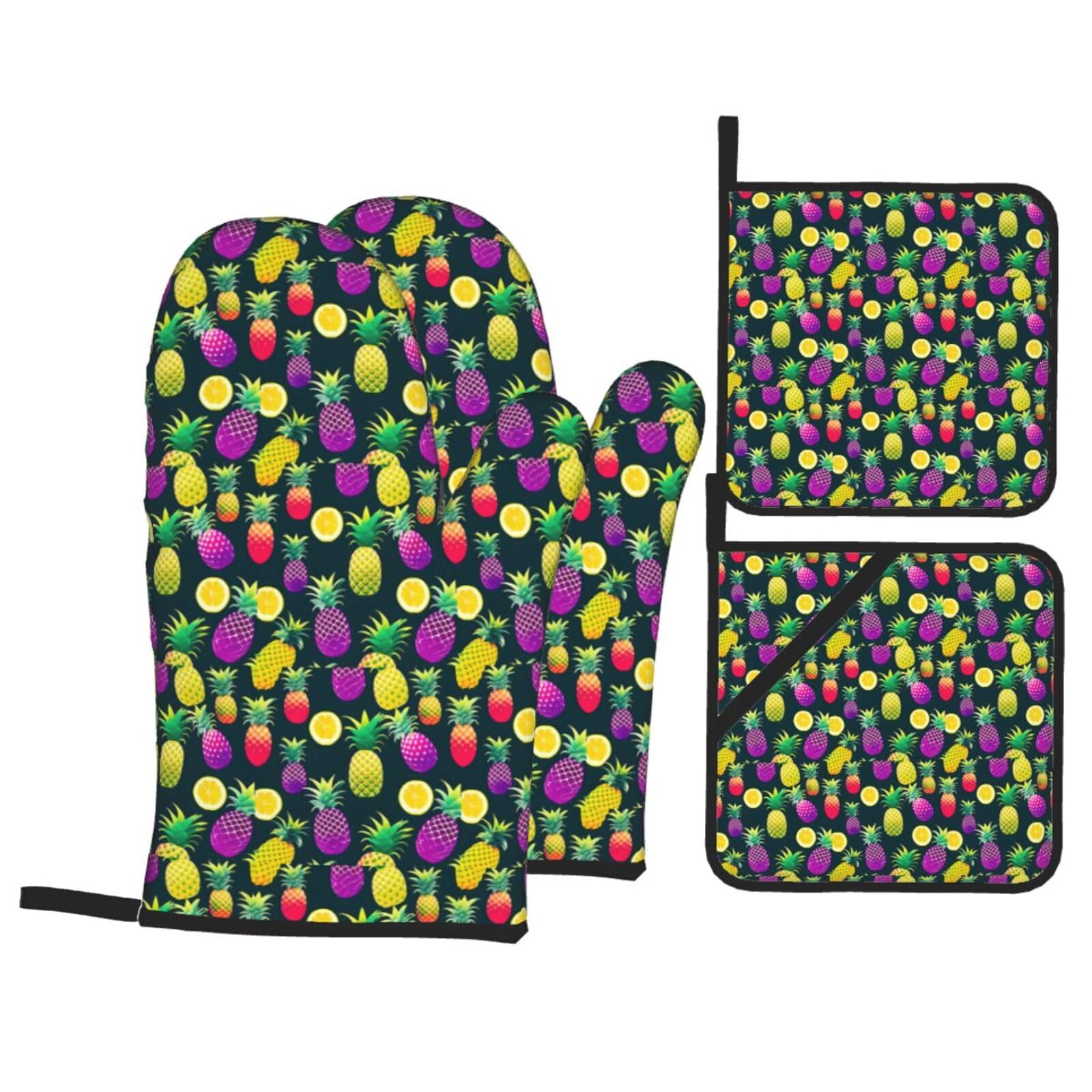 Colorful Fruit Pineapple Print 4-Piece Oven Microwaving Set Kitchen Gloves for Holiday Cooking Baking Grilling