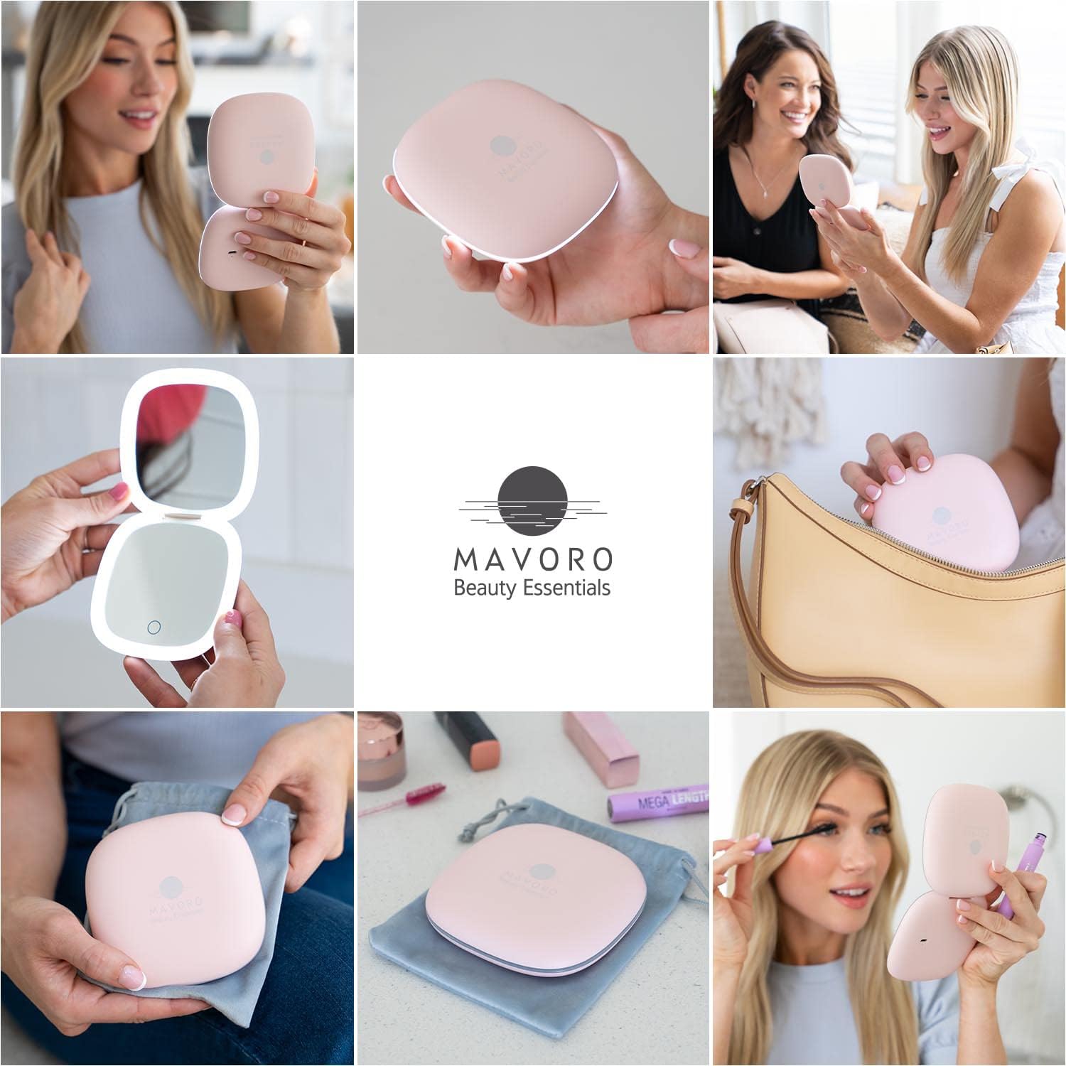 Mavoro LED Lighted Travel Makeup Mirror | 1x/10x Magnification | Rechargeable USB-C | Pocket & Purse Portable Lighted Travel Makeup Compact Mirror, Touch Sensor (Heavenly Pink) - Image 6