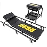 Creeper and Mechanic Seat Set | Memory Foam Padding | Black Logo | 350 LBS Capacity | 2 ½” Caster Wheels