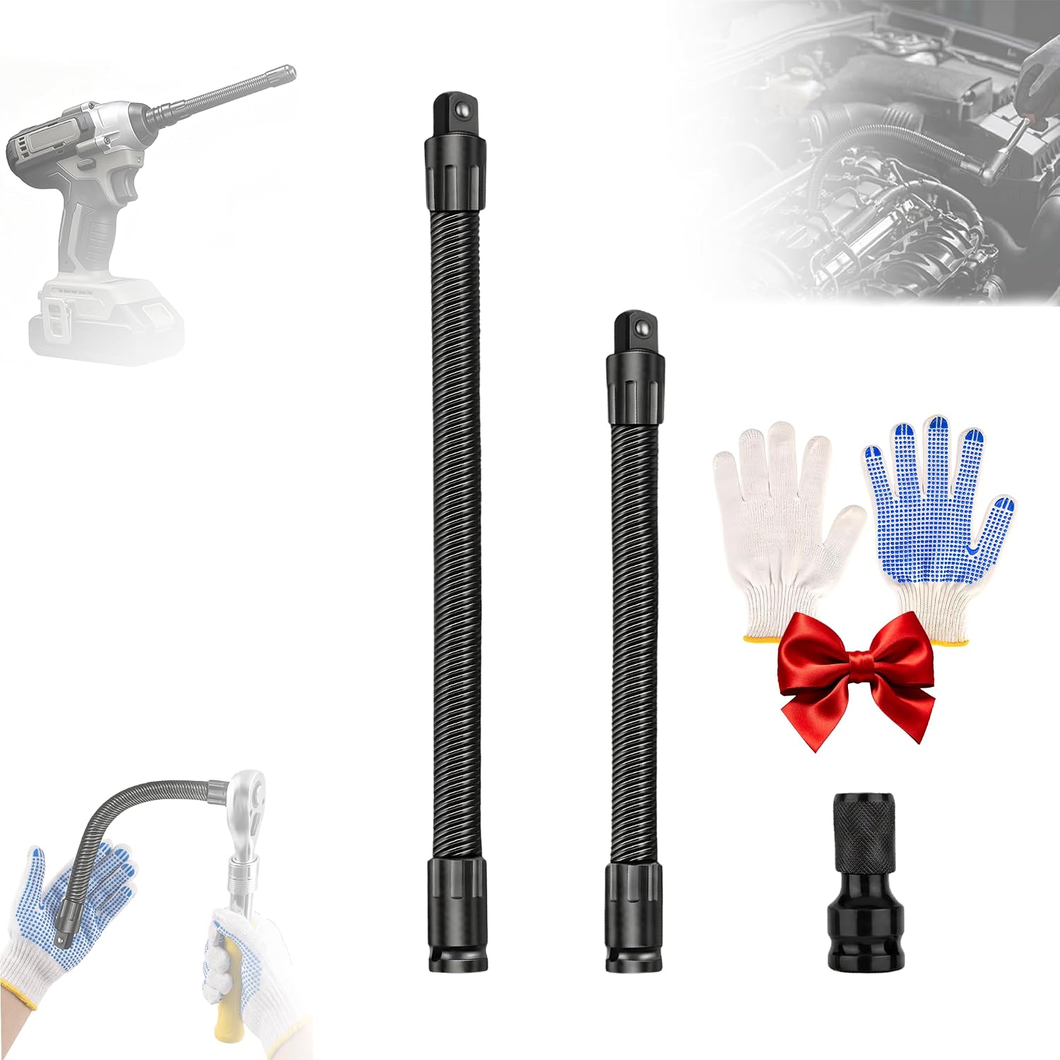 1/2" Drive Flexible Socket Extension Set, 10" & 14" Heavy Duty Flex Ratchet Extension Bar, Electric Ratchet Extender, Steel Torque Socket Extender for Engine Bays & Tight Spaces(4-Piece)