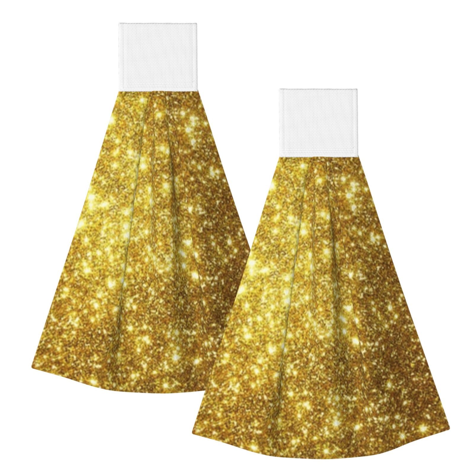 DOPKLNA Golden Bling Glitter Print, 2 Pcs Hanging Coral Fiber Hand Towels for Bathroom, Absorbent Kitchen Towels