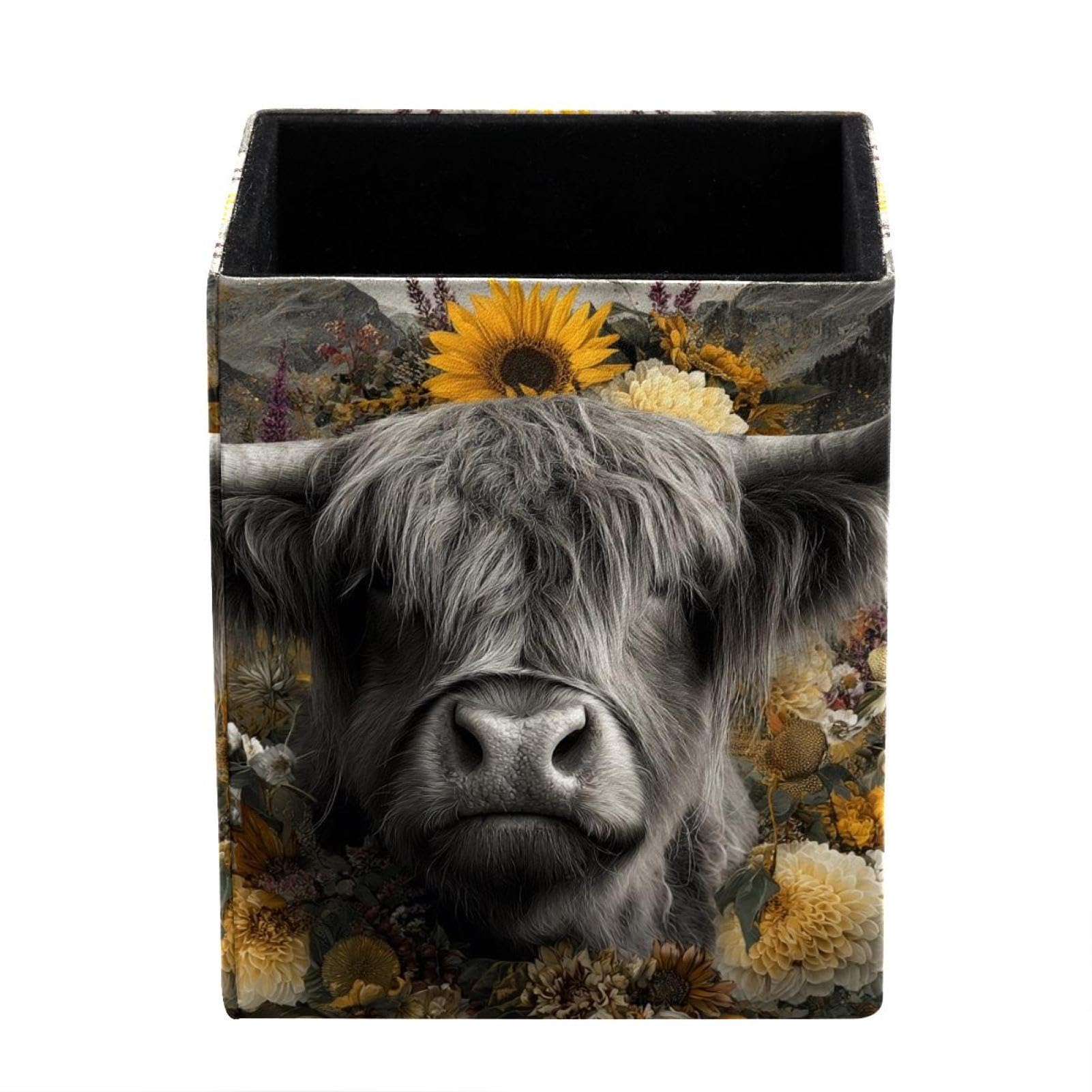 Watercolor Sunflower Yak Pen Holder for Desk, Pencil Holder with 1 Compartments, Leather Pencil Cup, Desktop Organizer and Accessories for Office