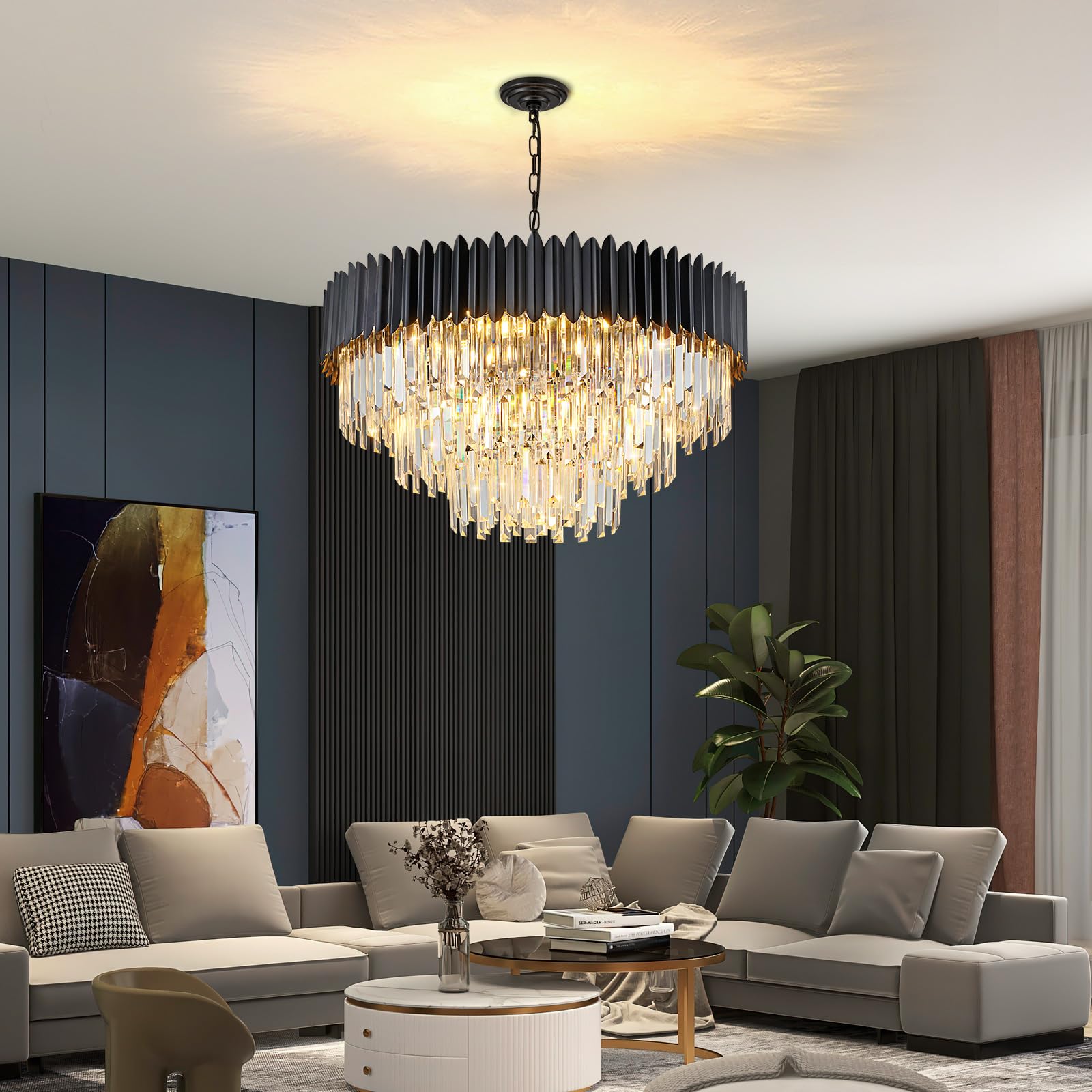 Moderna luce a sospensione di cristallo di lusso, lampadario di cristallo nero, 15xE14 Luce del lampadario a goccia Luce a soffitto a incasso per la sala da pranzo, Φ80cm